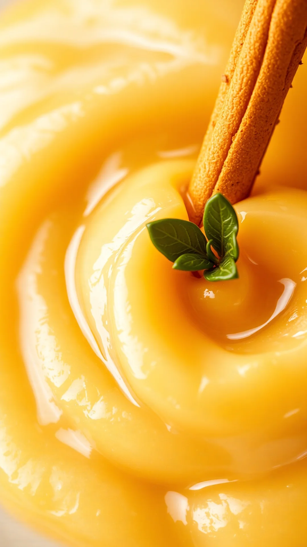 Close-up of creamy apple compote texture in jar, smooth velvety consistency, fresh cinnamon stick garnish, warm golden lighti