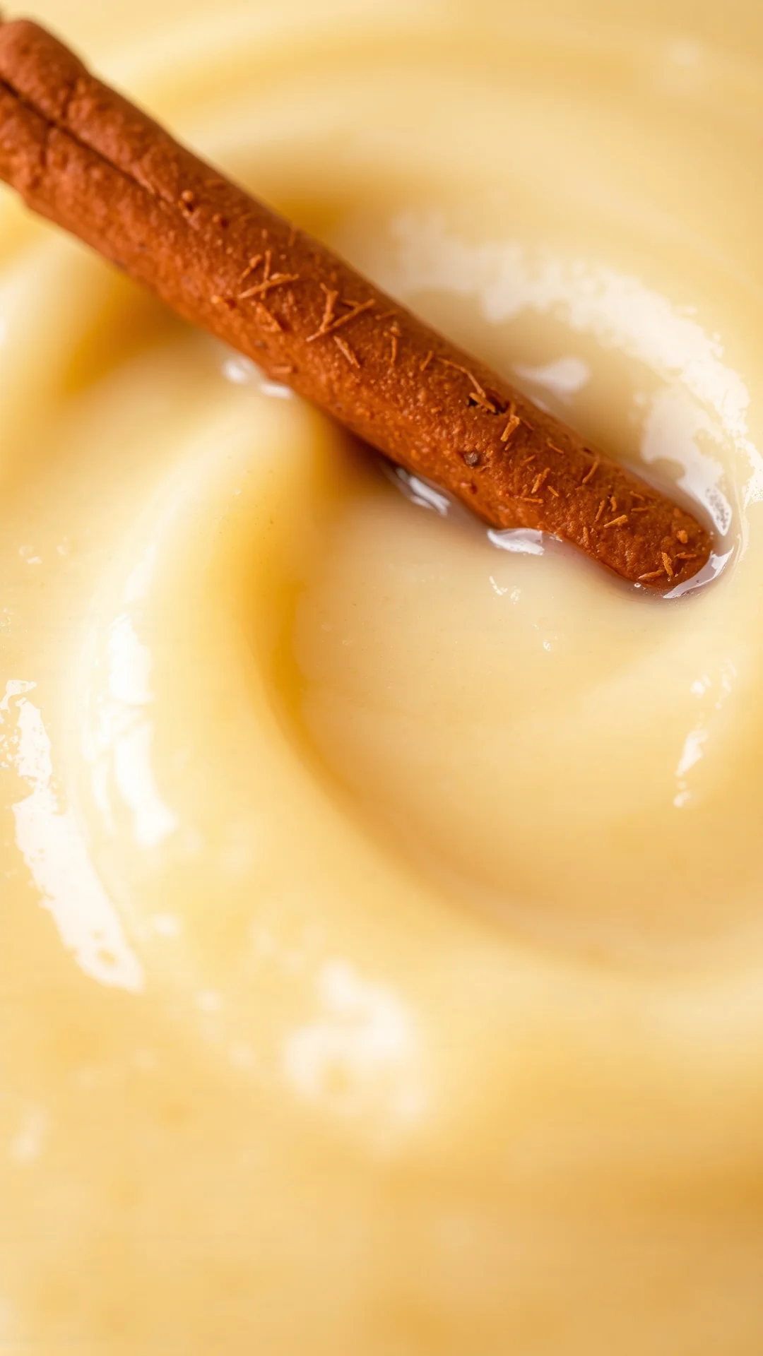 Close-up of creamy apple compote texture with fresh cinnamon stick, smooth puree consistency, warm lighting, detailed macro f