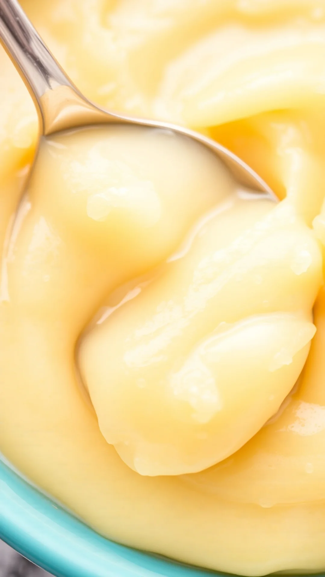 Close-up of creamy applesauce texture for baby, spoon with smooth puree, soft focus background, healthy organic baby food det