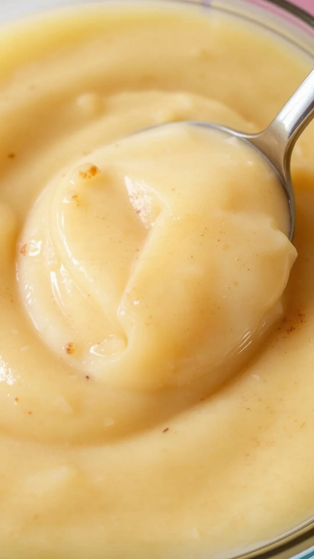 Close-up of creamy applesauce texture with vanilla and cinnamon, spoon in glass bowl, natural sunlight