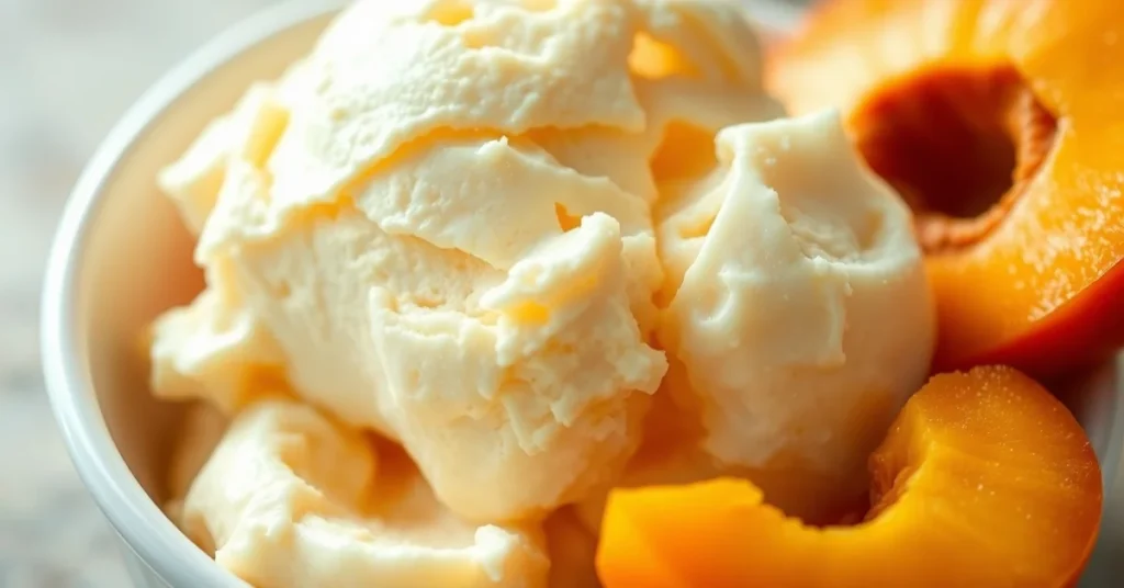 Close-up of creamy apricot ice cream in a white bowl with fresh apricot halves on the side, summer afternoon light, appetizin