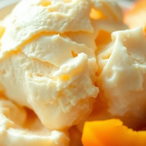 Close-up of creamy apricot ice cream in a white bowl with fresh apricot halves on the side, summer afternoon light, appetizin