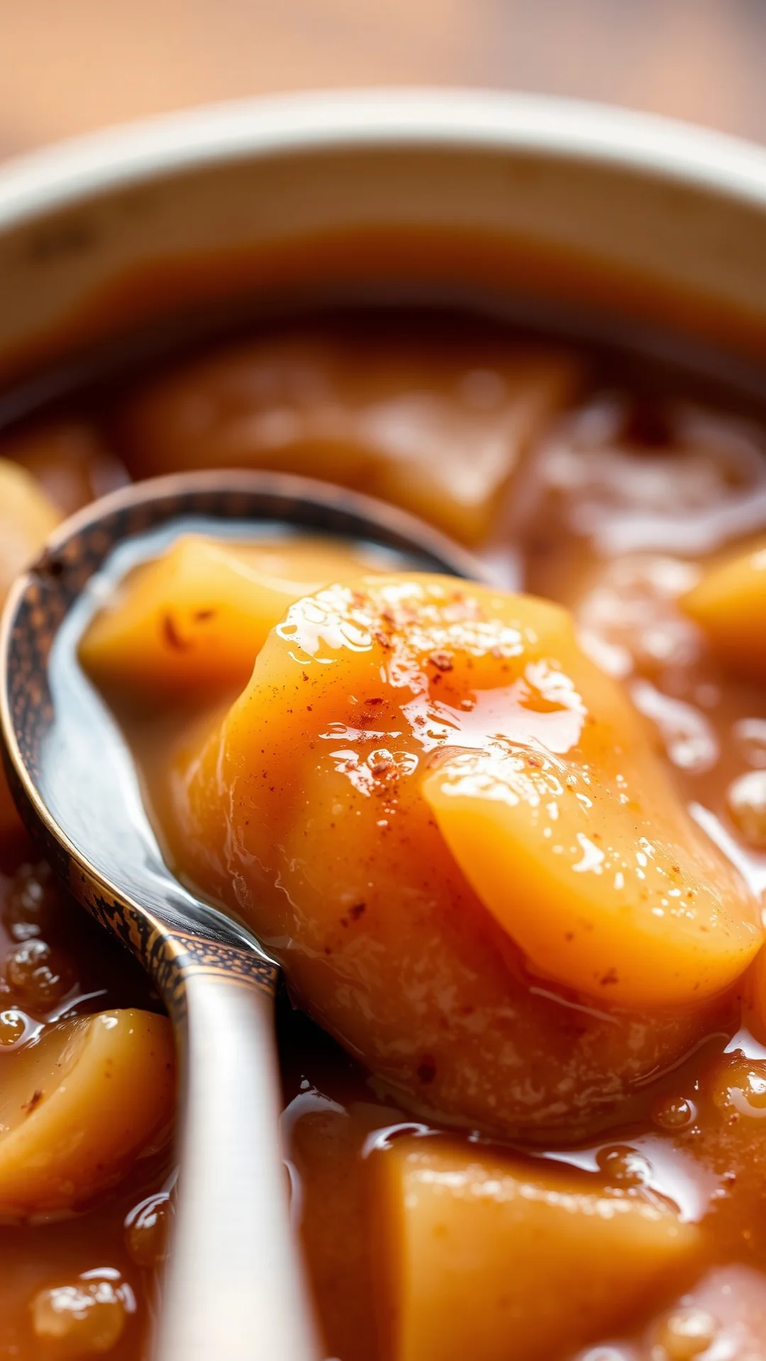 Close-up of creamy brown apple compote with cinnamon spice swirl, warm golden light, rustic wooden spoon, macro food photogra