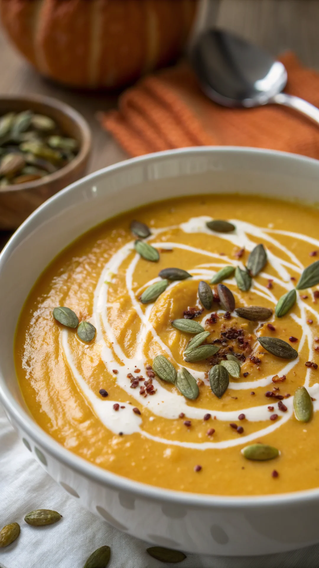 Close-up of creamy potimarron soup with drizzle of cream and roasted pumpkin seeds, warm autumn colors, detailed food macro p