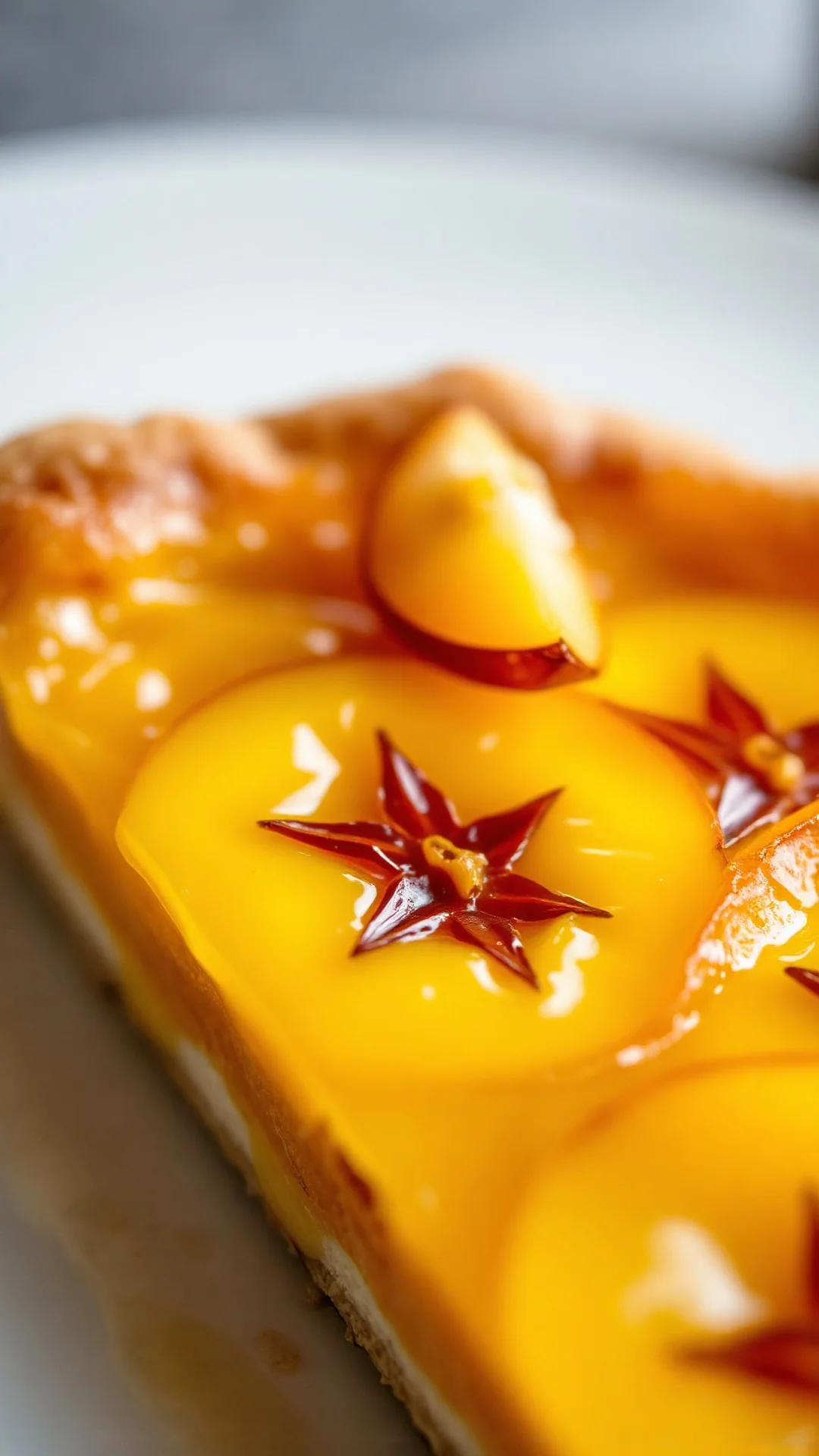 Close-up of delicious yellow plum tart slice showing creamy custard center and caramelized fruit, golden pastry crust, food s