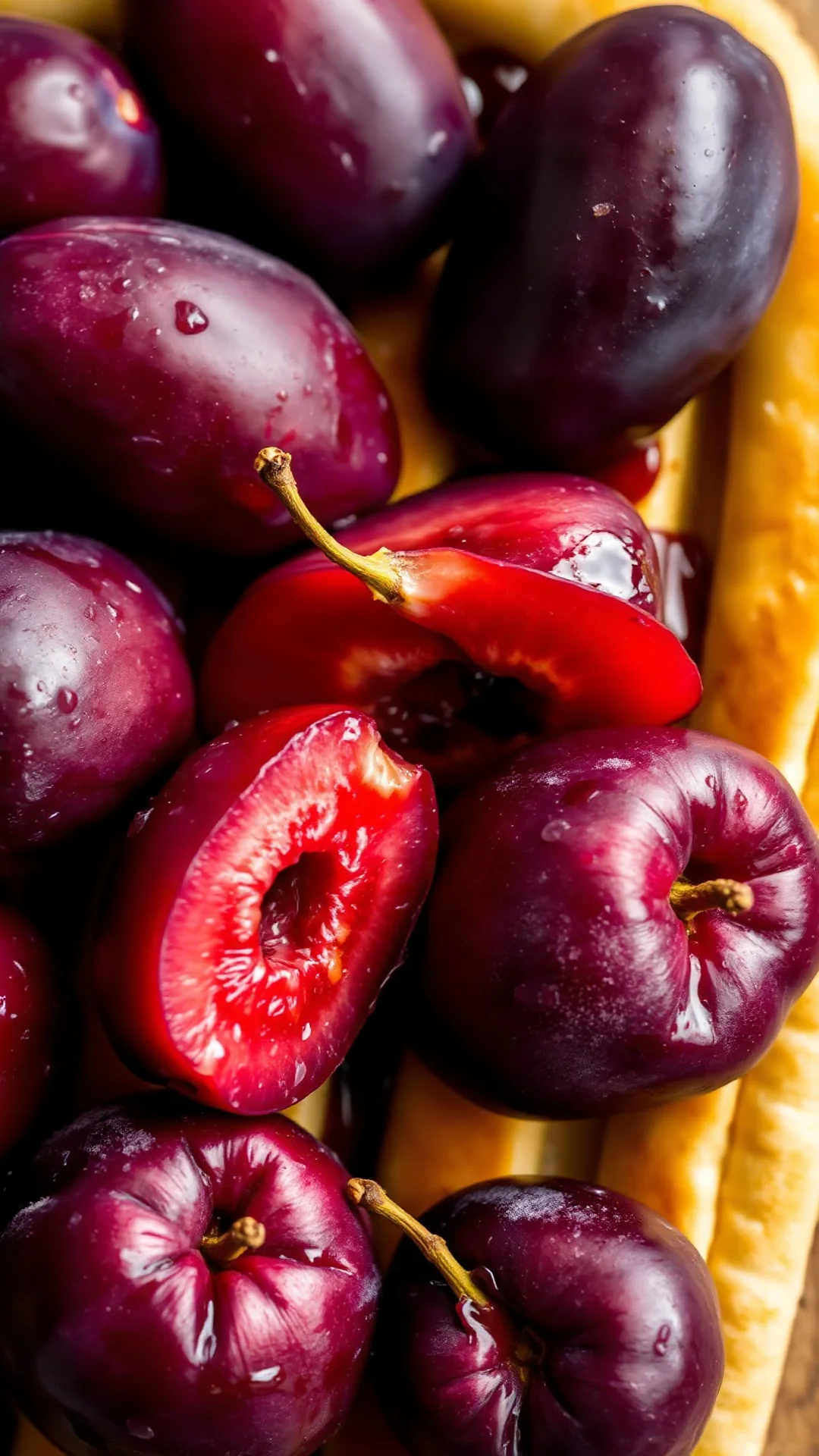 Close-up of fresh purple plums, perfectly arranged on golden shortcrust pastry, juicy plums with caramelized edges, professio
