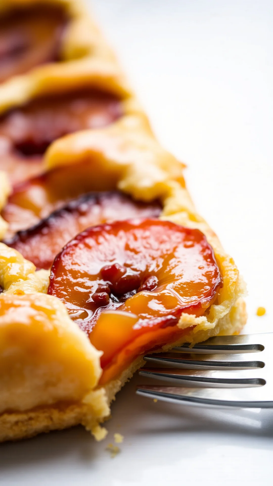 Close-up of freshly baked plum tart slice showing golden pastry crust, juicy plums with caramelized edges, glossy apricot gla