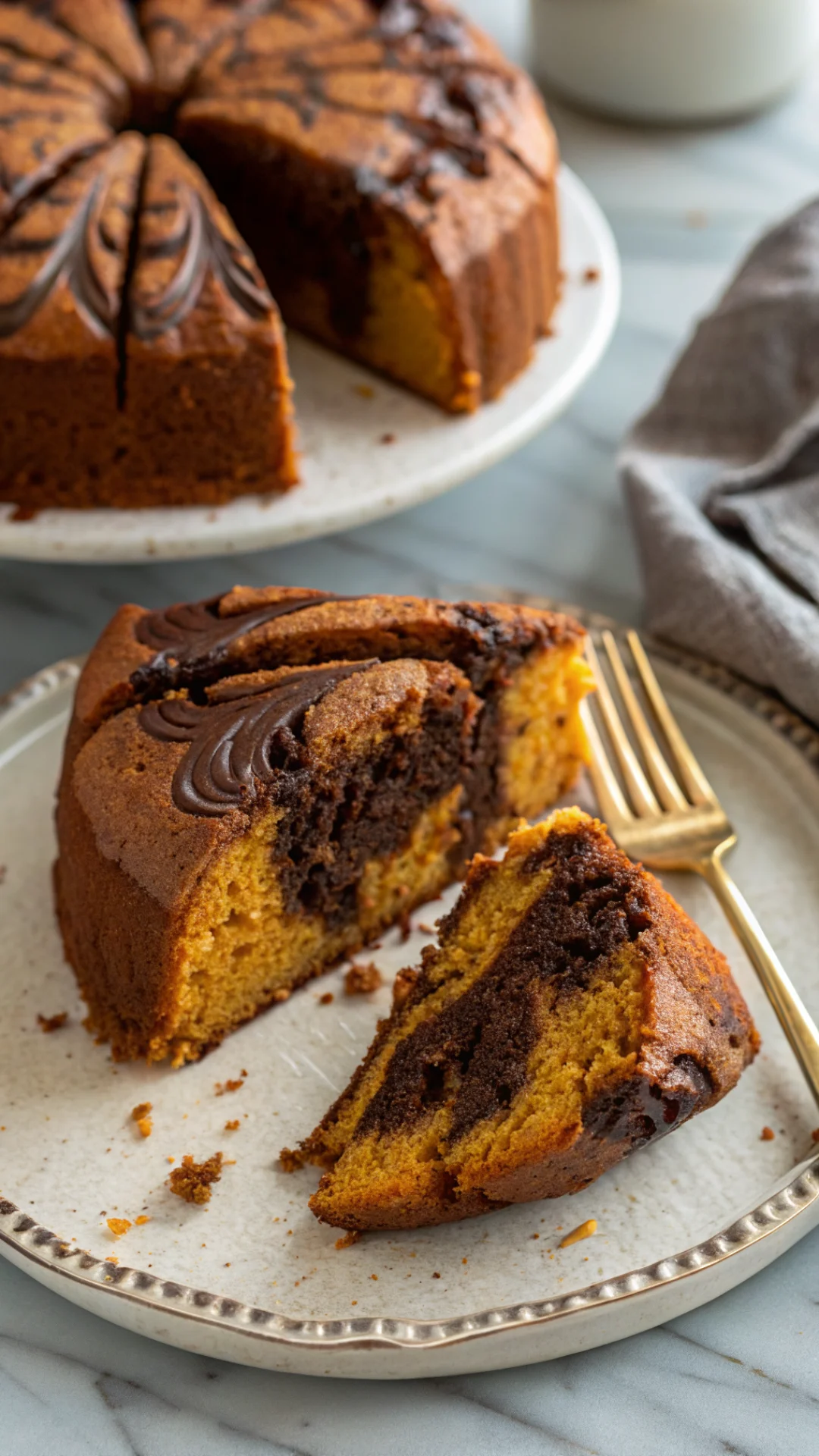 Close-up of freshly sliced pumpkin chocolate cake showing tender crumb texture, rich chocolate swirls, served on elegant plat