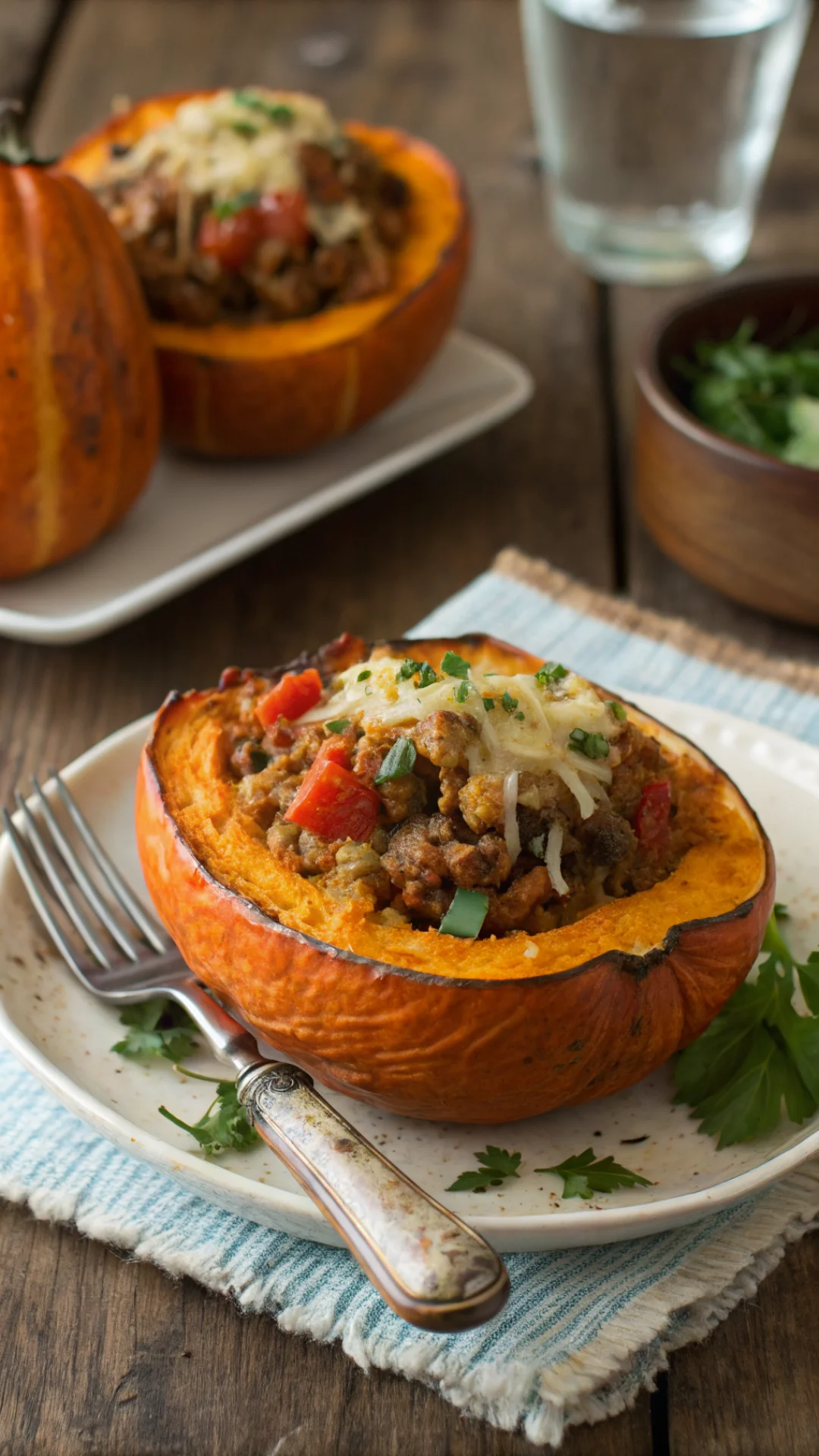 Close-up of halved potimarron squash filled with savory meat farce, golden cheese topping, vegetables visible, fork nearby, r