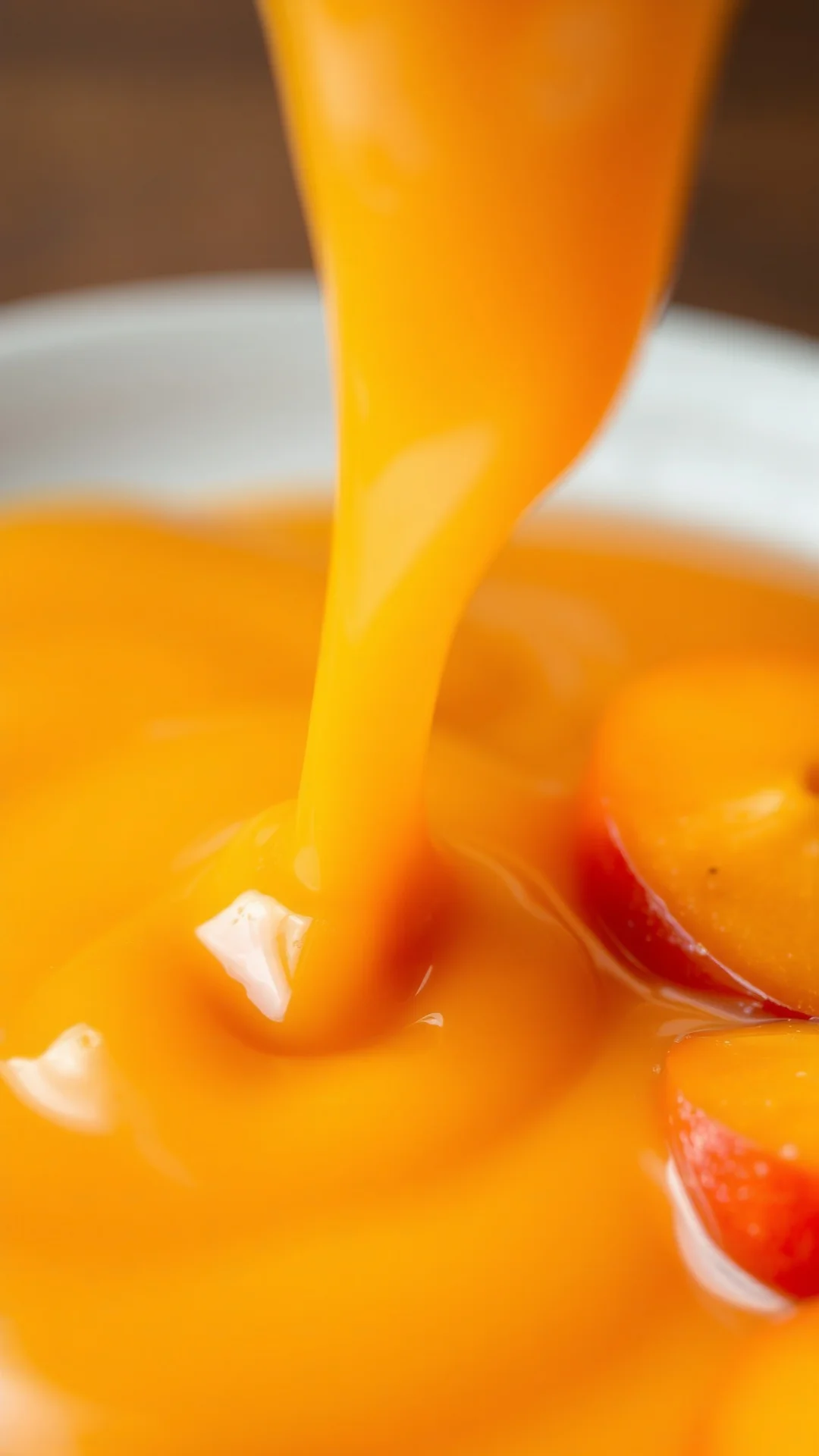 Close-up of silky apricot coulis flowing smoothly, golden amber color, fresh apricots sliced nearby, shallow depth of field,