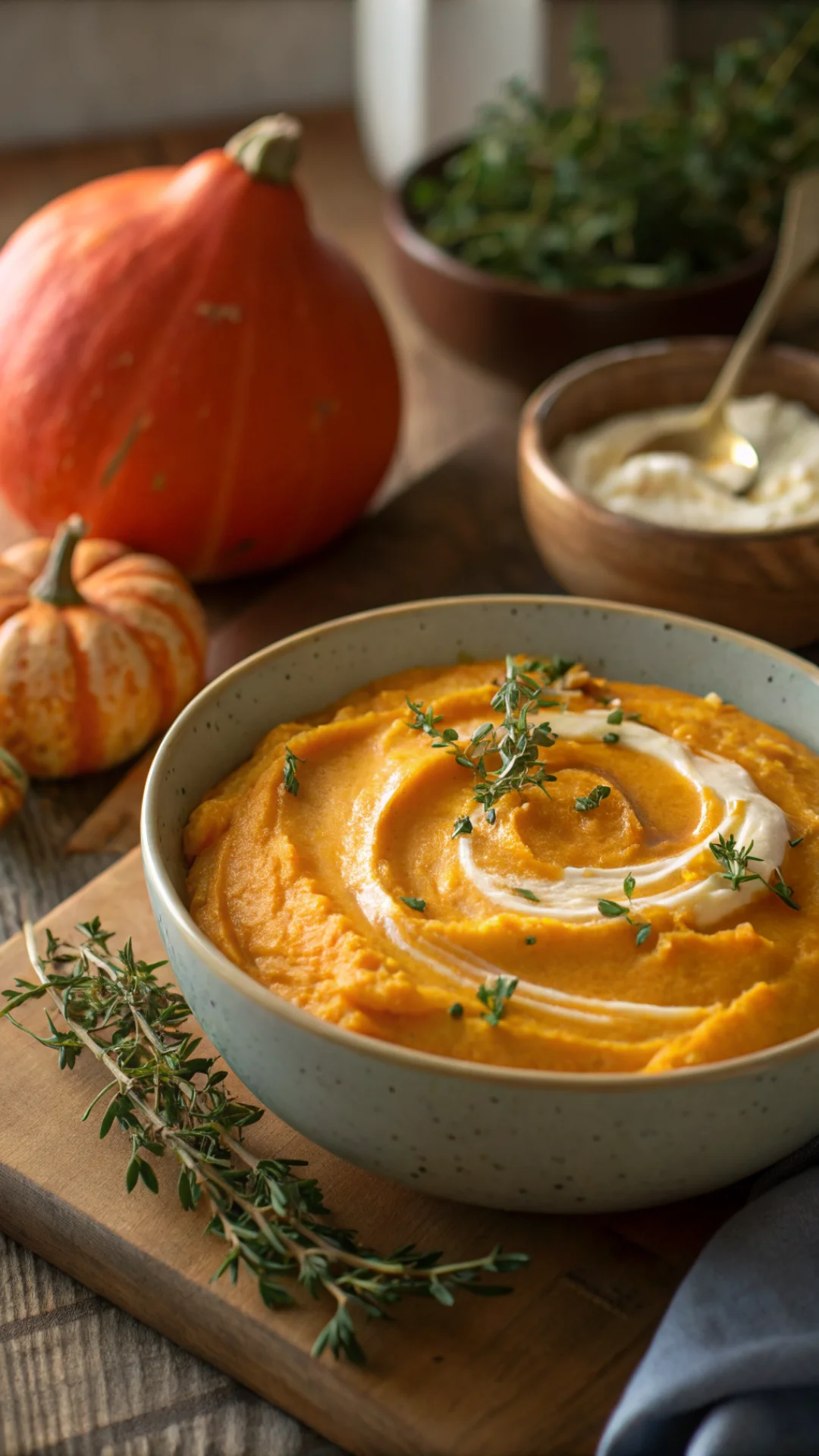 Close-up of silky pumpkin sweet potato puree with cream swirl, garnished with fresh thyme, warm golden autumn lighting, food