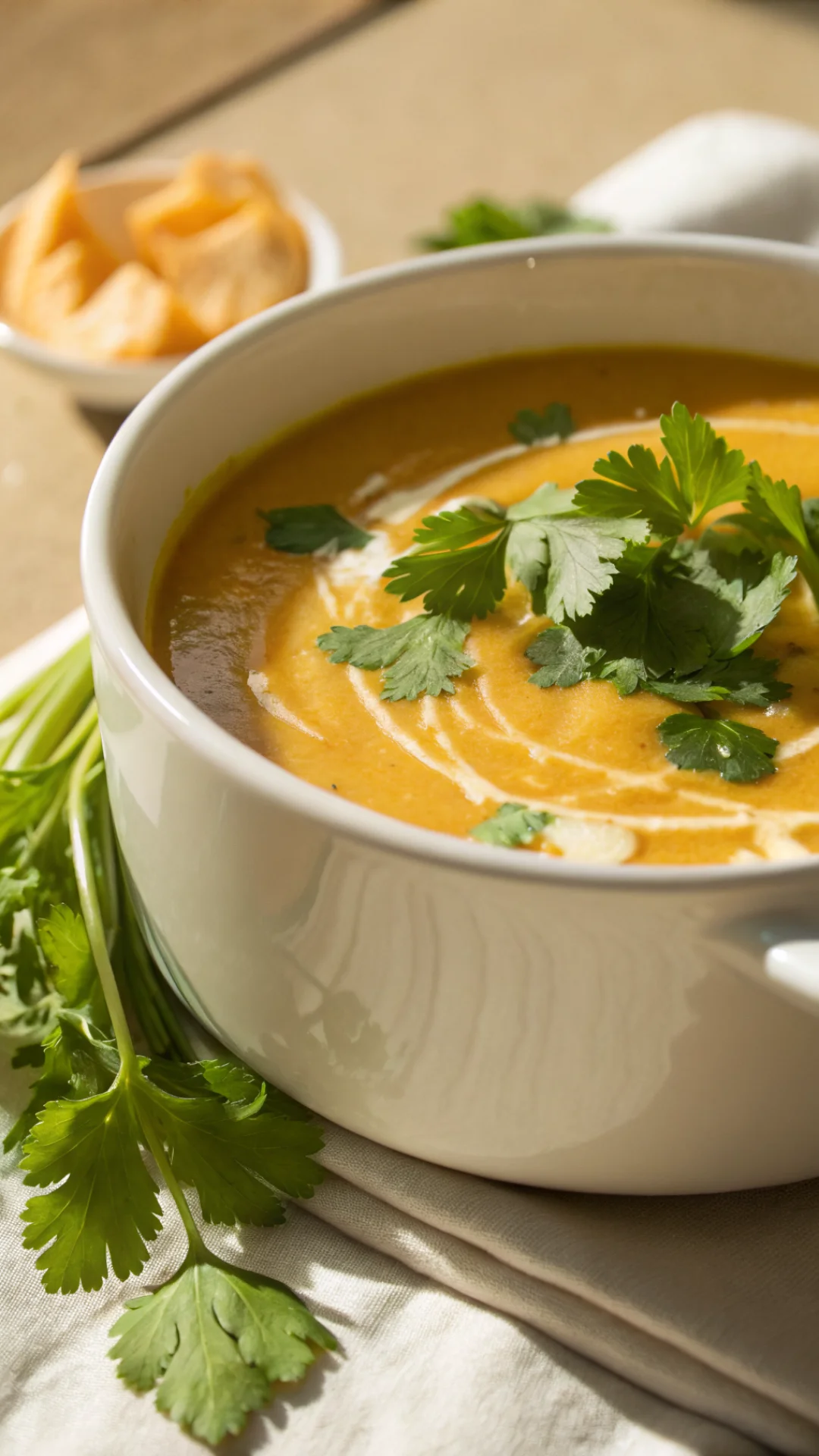 Close-up of silky smooth pumpkin coconut soup in white ceramic bowl, creamy texture, fresh cilantro garnish, warm golden ligh