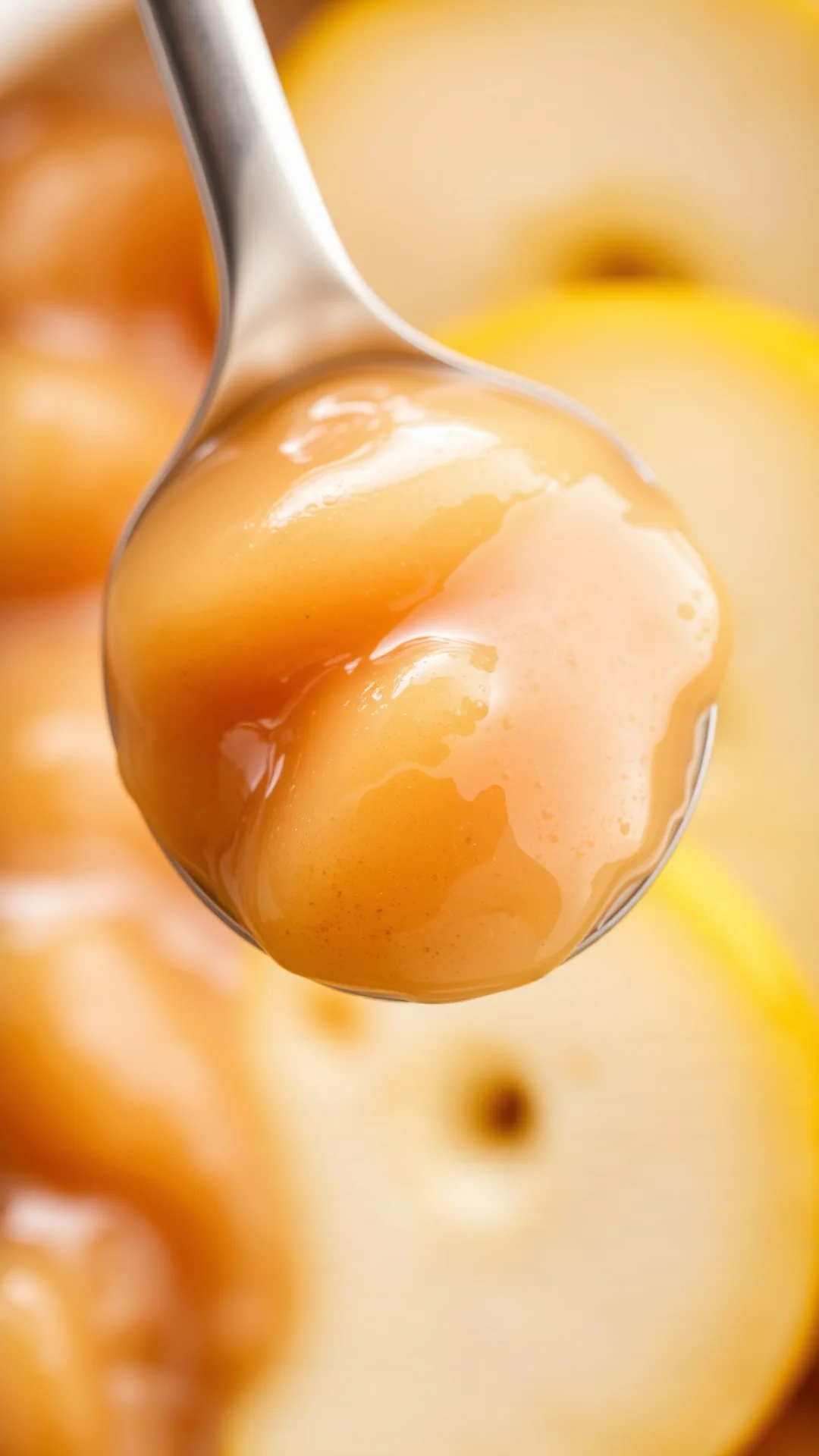 Close-up of smooth apple pear compote texture in spoon, golden brown color, creamy consistency, fresh pear slices beside, mac