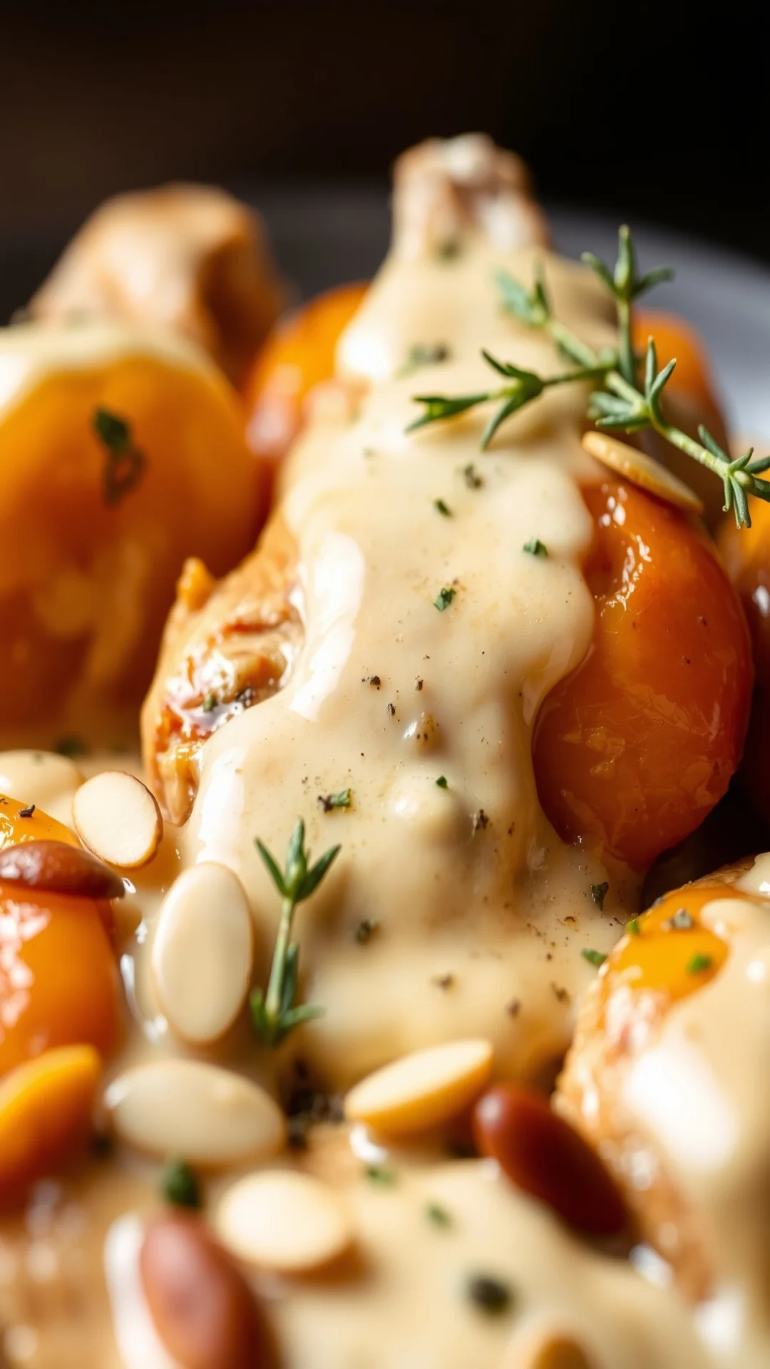Close-up of tender chicken with glossy apricots and creamy sauce, garnished with sliced almonds and fresh thyme, appetizing f