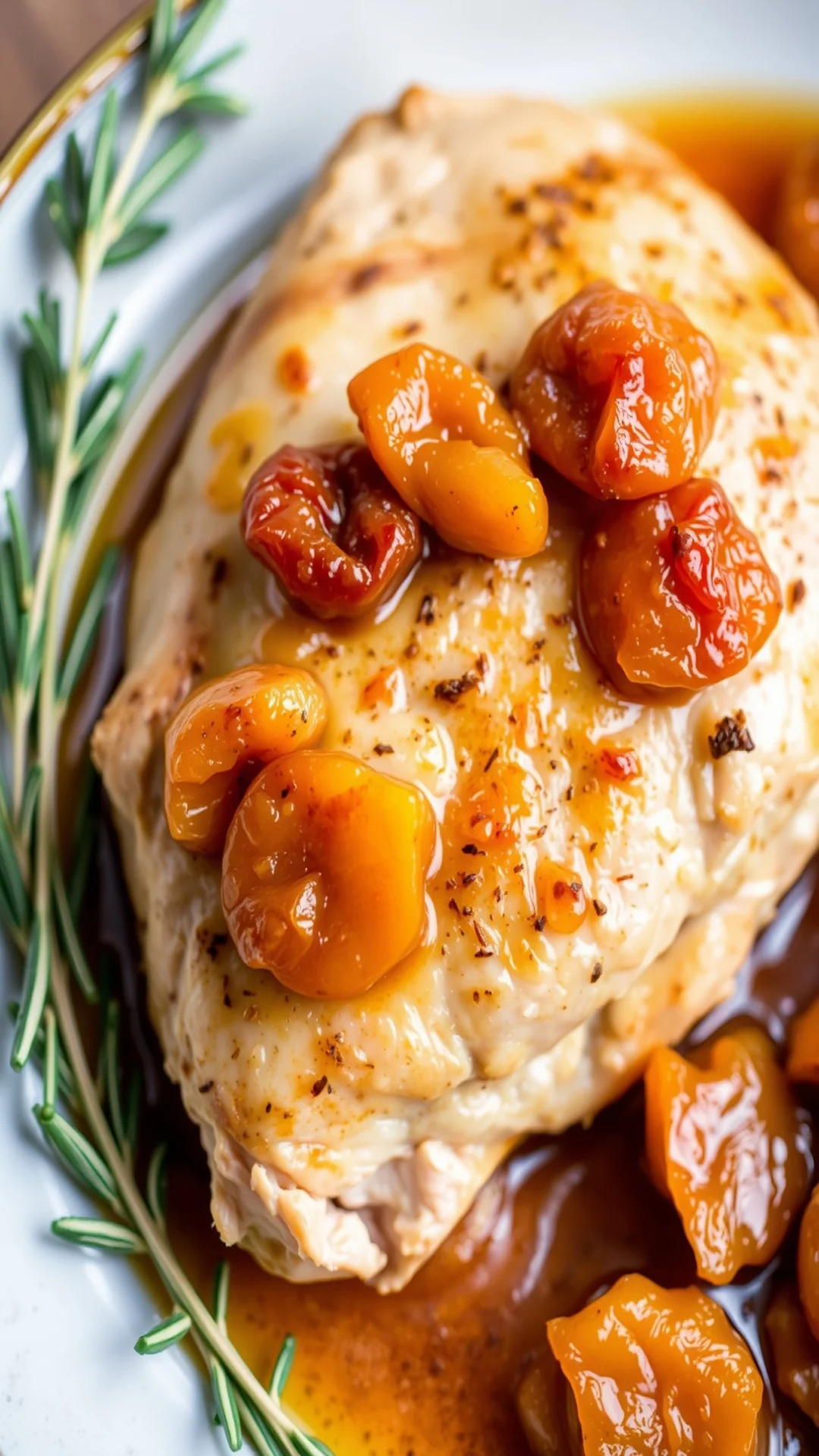 Close-up of tender juicy chicken breast with dried apricots and caramelized onions in savory sweet sauce with aromatic spices