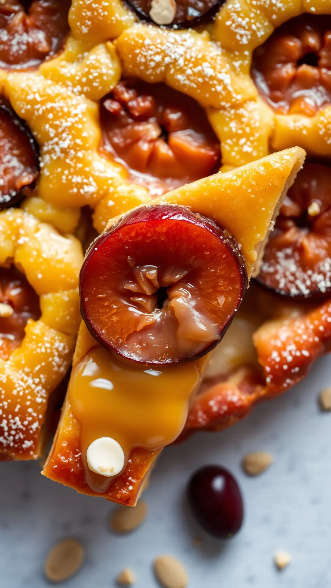 Close-up overhead shot of golden baked tart slice with plums and mirabelles, creamy filling dripping, dusted almonds, gourmet