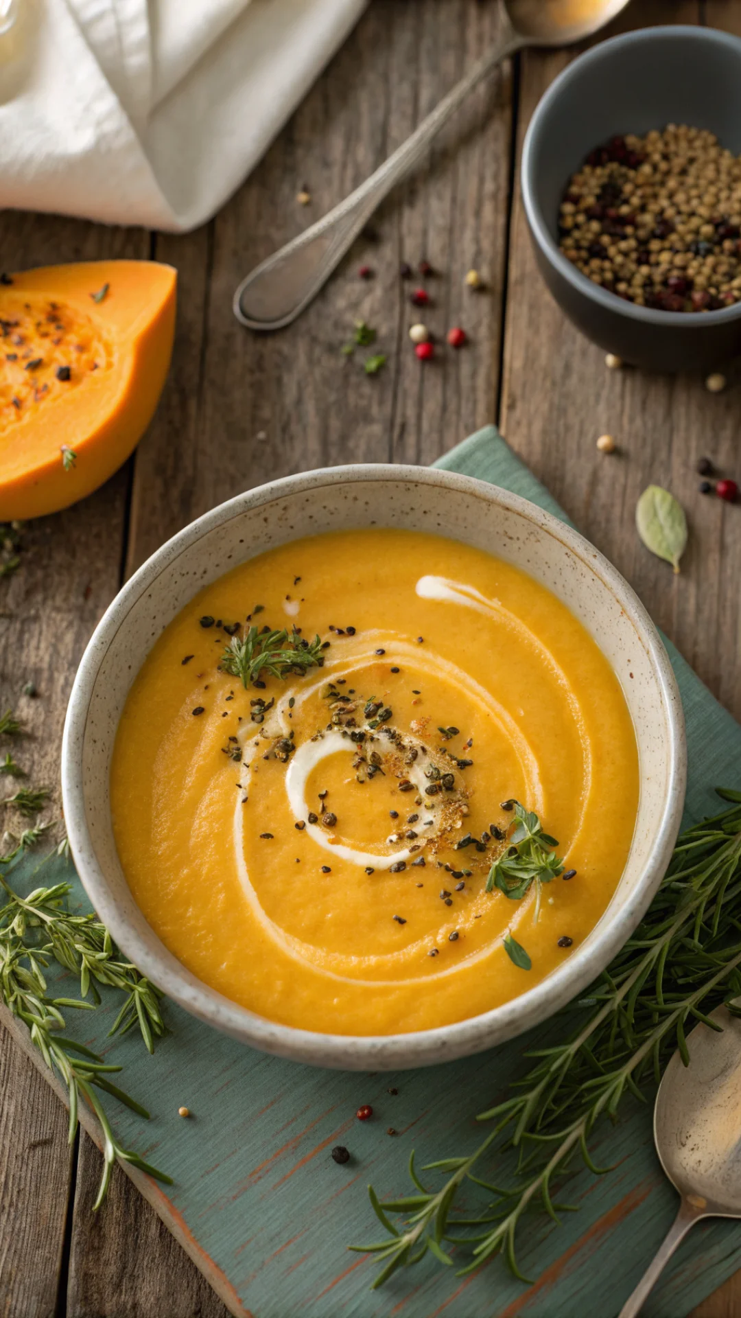 Close-up overhead shot of smooth creamy pumpkin soup in ceramic bowl, silky texture, garnished with herb sprinkles, rustic wo