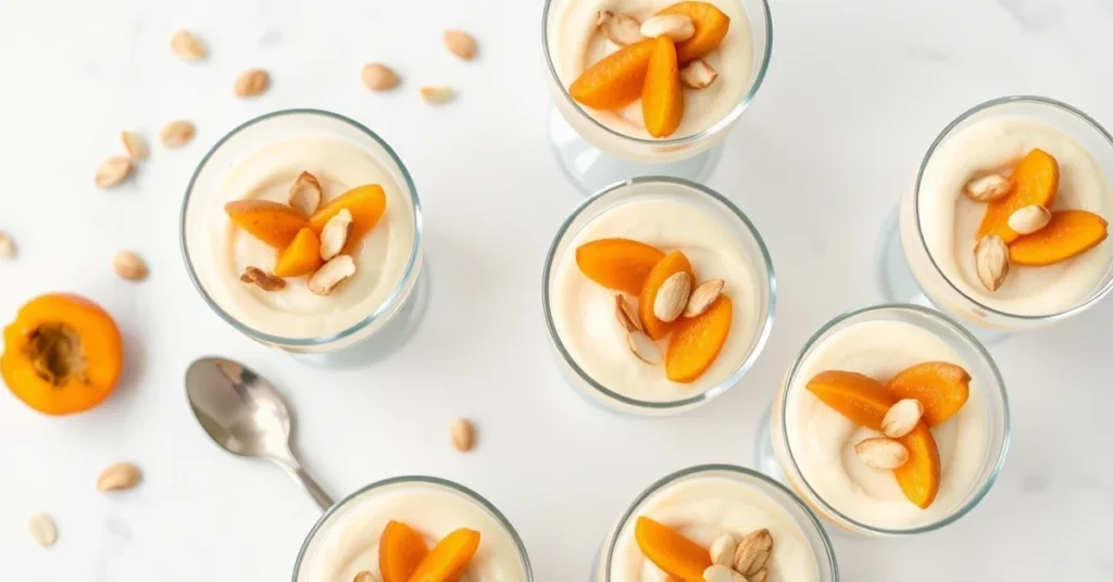Close-up overhead view of creamy apricot mascarpone mousse in elegant glass cups garnished with toasted almond slivers and fr