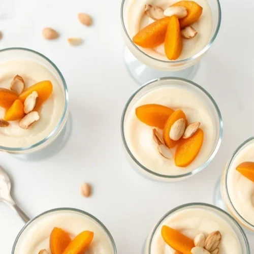 Close-up overhead view of creamy apricot mascarpone mousse in elegant glass cups garnished with toasted almond slivers and fr