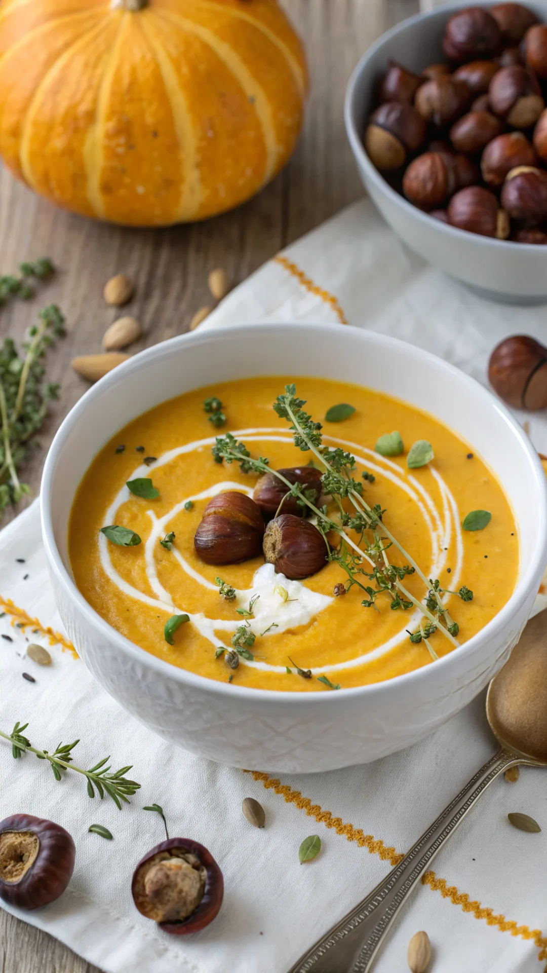 Close-up overhead view of creamy golden butternut squash and chestnut soup in white bowl, topped with whole roasted chestnuts