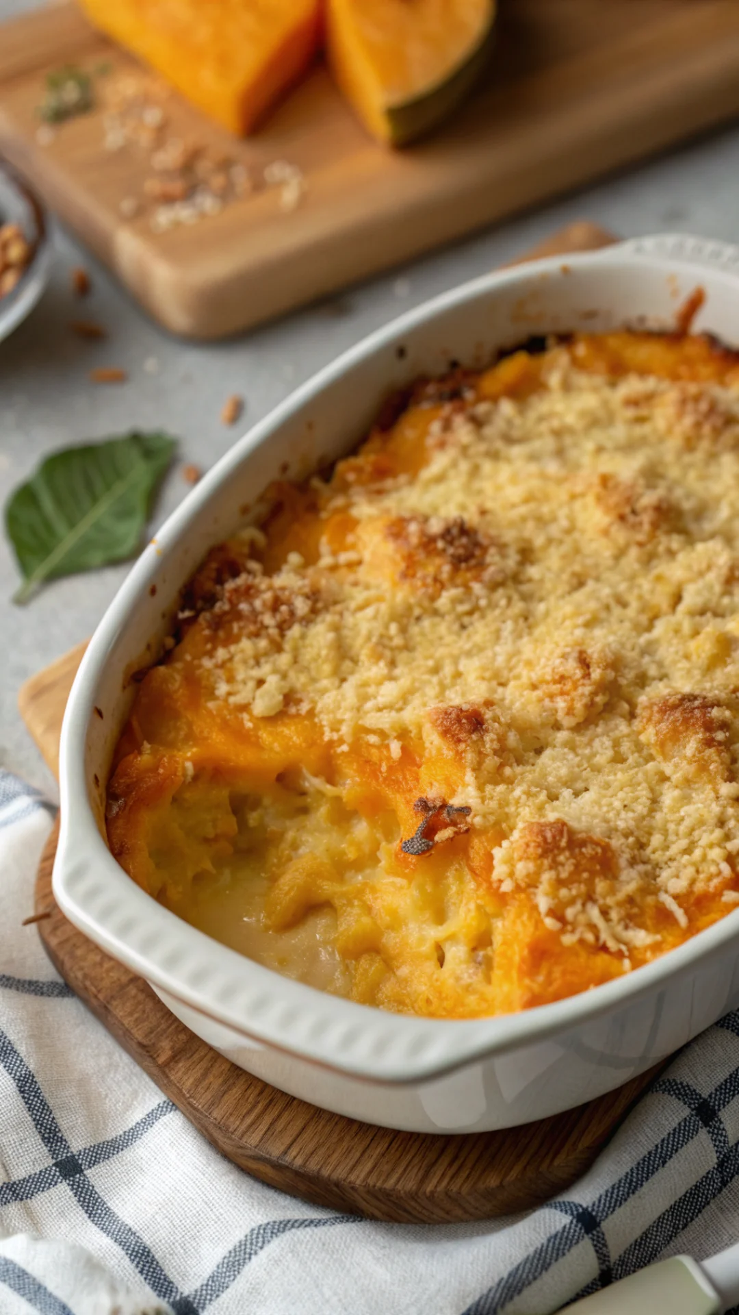 Close-up overhead view of creamy pumpkin gratin with crispy golden cheese topping, macro food photography