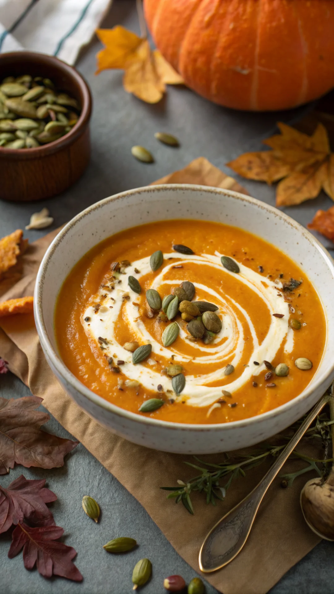 Close-up overhead view of creamy pumpkin soup with roasted pumpkin seeds, swirl of cream, warm orange color, autumn table set