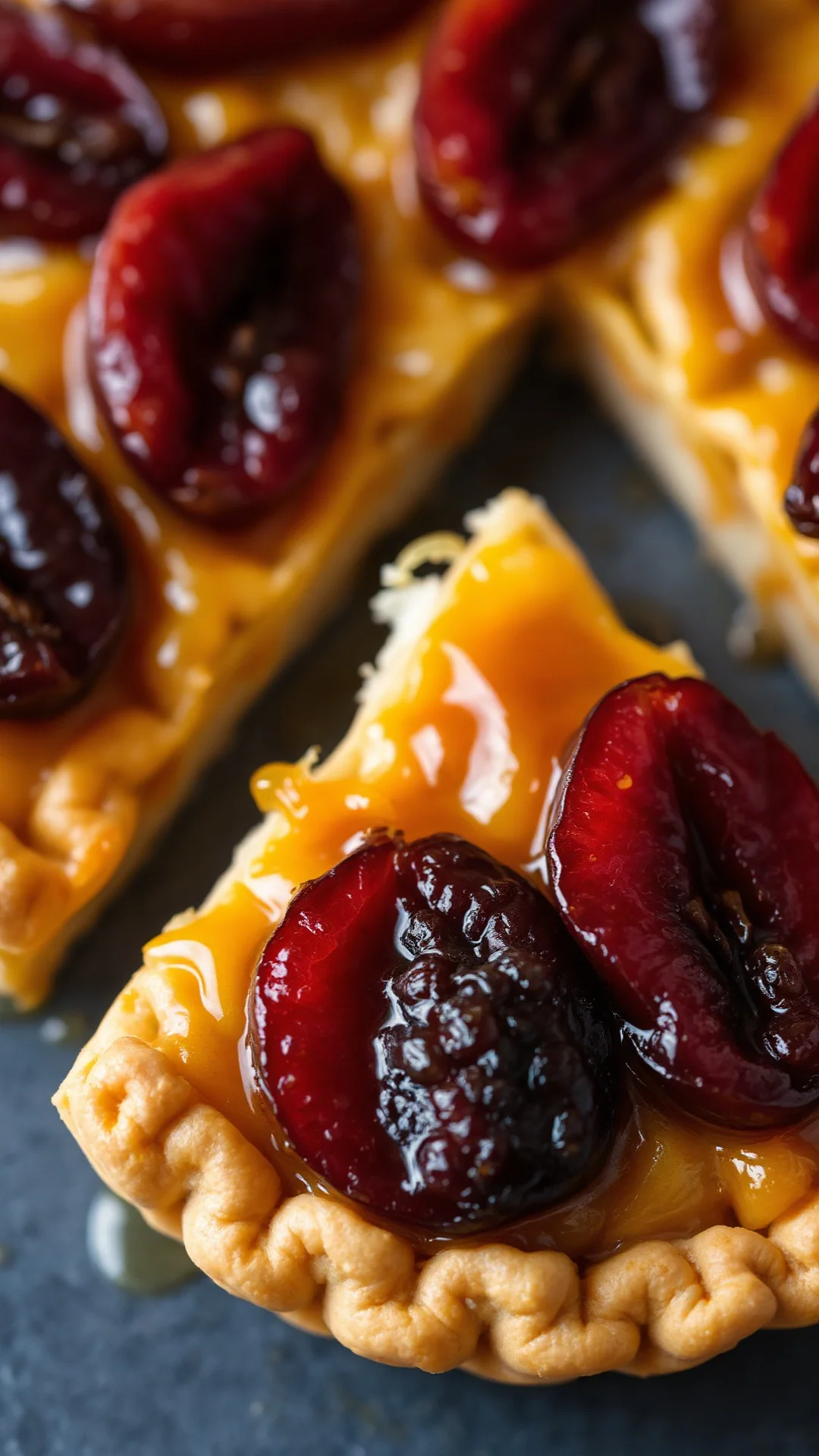 Close-up overhead view of freshly baked plum tart slice, caramelized prunes with glossy surface, flaky golden puff pastry lay