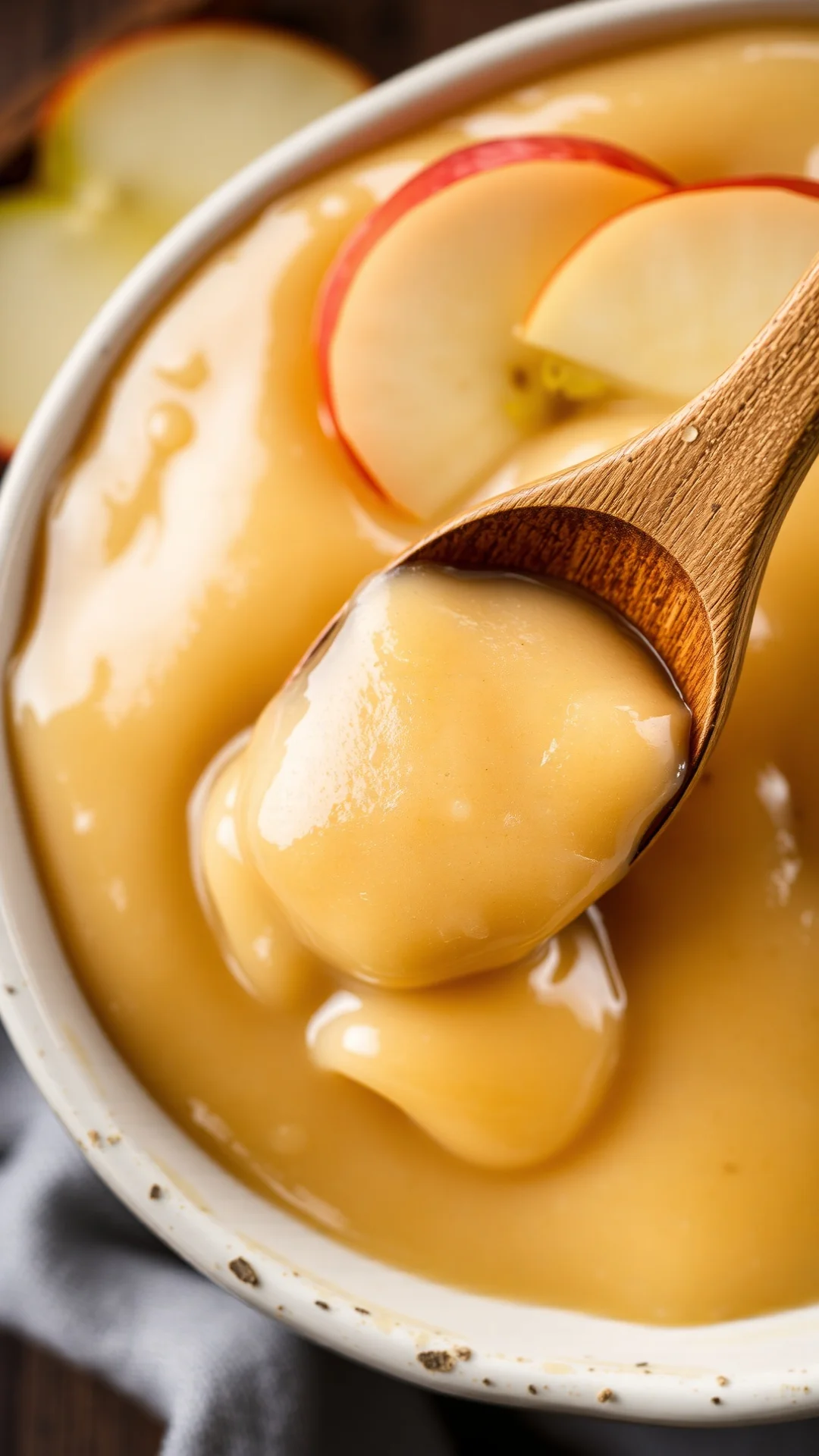 Close-up overhead view of thick creamy apple compote in a ceramic bowl, glossy texture, wooden spoon dripping compote, fresh