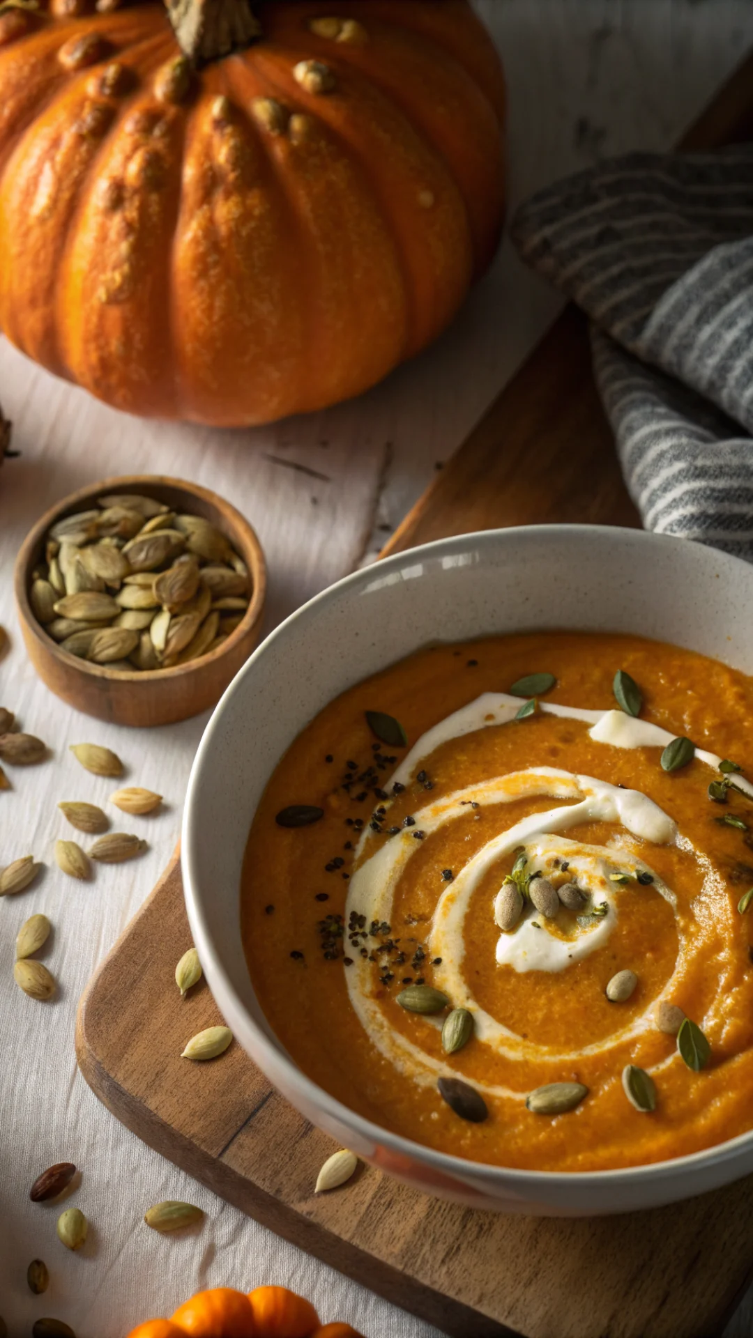 Close-up overhead view of velvety potimarron puree texture, drizzle of cream, roasted squash seeds scattered around, warm gol