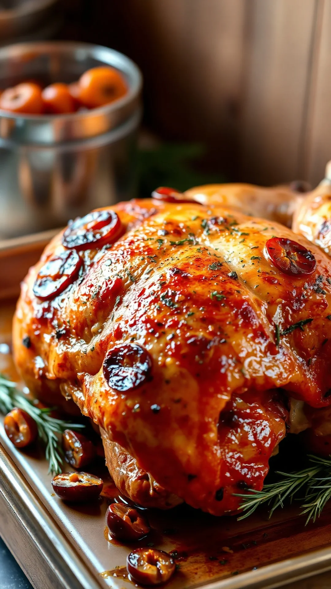 Close-up portrait of a beautifully roasted golden whole chicken stuffed with dried apricots and fresh herbs, crispy skin, rus