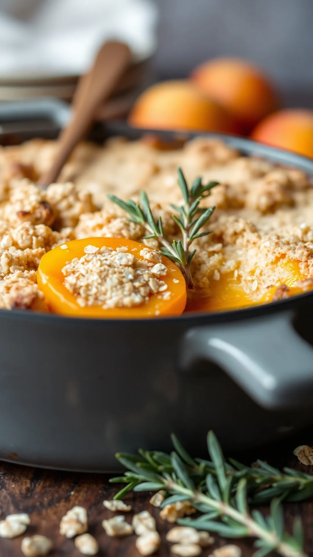Close-up portrait of a bubbling golden apricot crumble with oats and rosemary in a ceramic dish, rustic kitchen background, 9