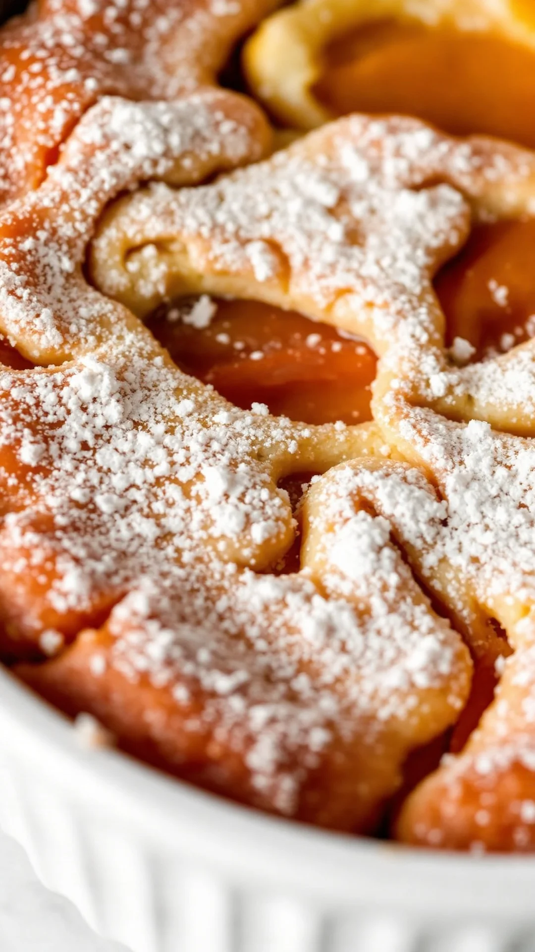 Close-up portrait of a classic fluffy apricot clafoutis dusted with powdered sugar in a white ceramic dish, golden baked crus