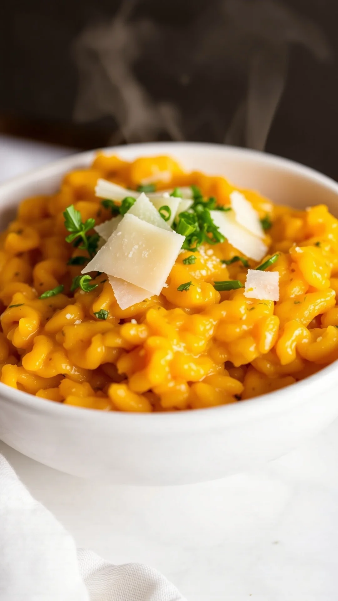 Close-up portrait of a creamy orange potimarron squash risotto in a white bowl, topped with shaved parmesan and fresh herbs,