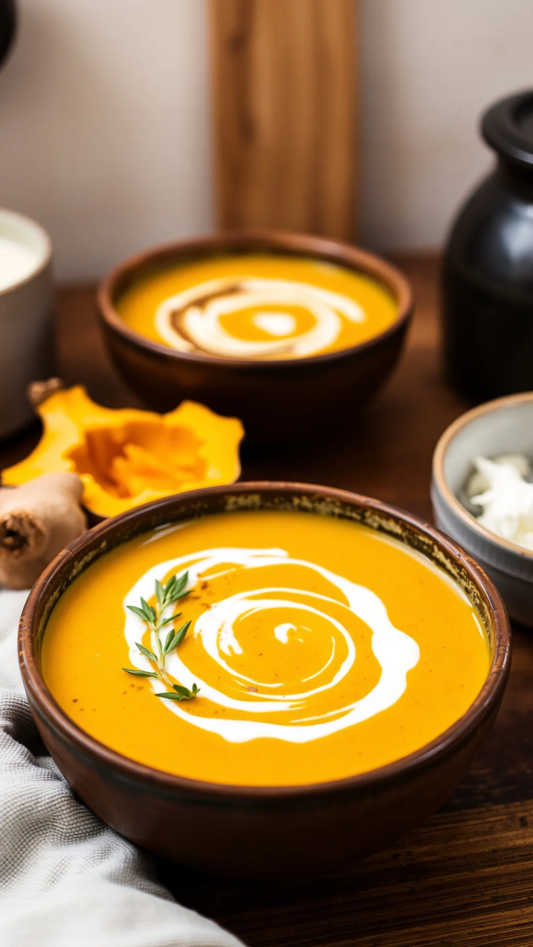 Close-up portrait of a creamy potimarron squash and coconut milk veloute soup in a rustic ceramic bowl, garnished with coconu