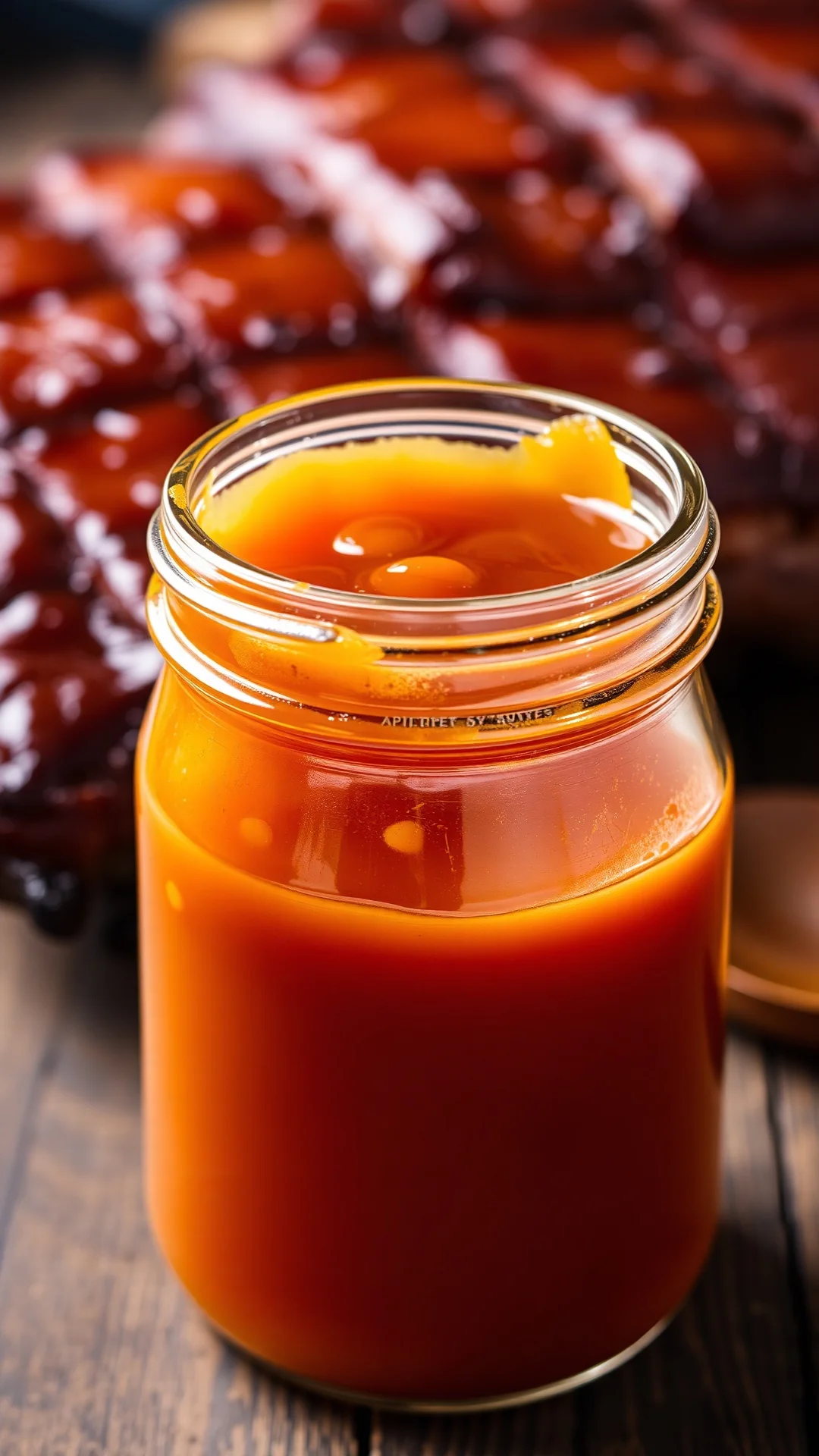 Close-up portrait of a glossy homemade apricot barbecue sauce in a glass jar with grilled ribs in background, smoky golden co