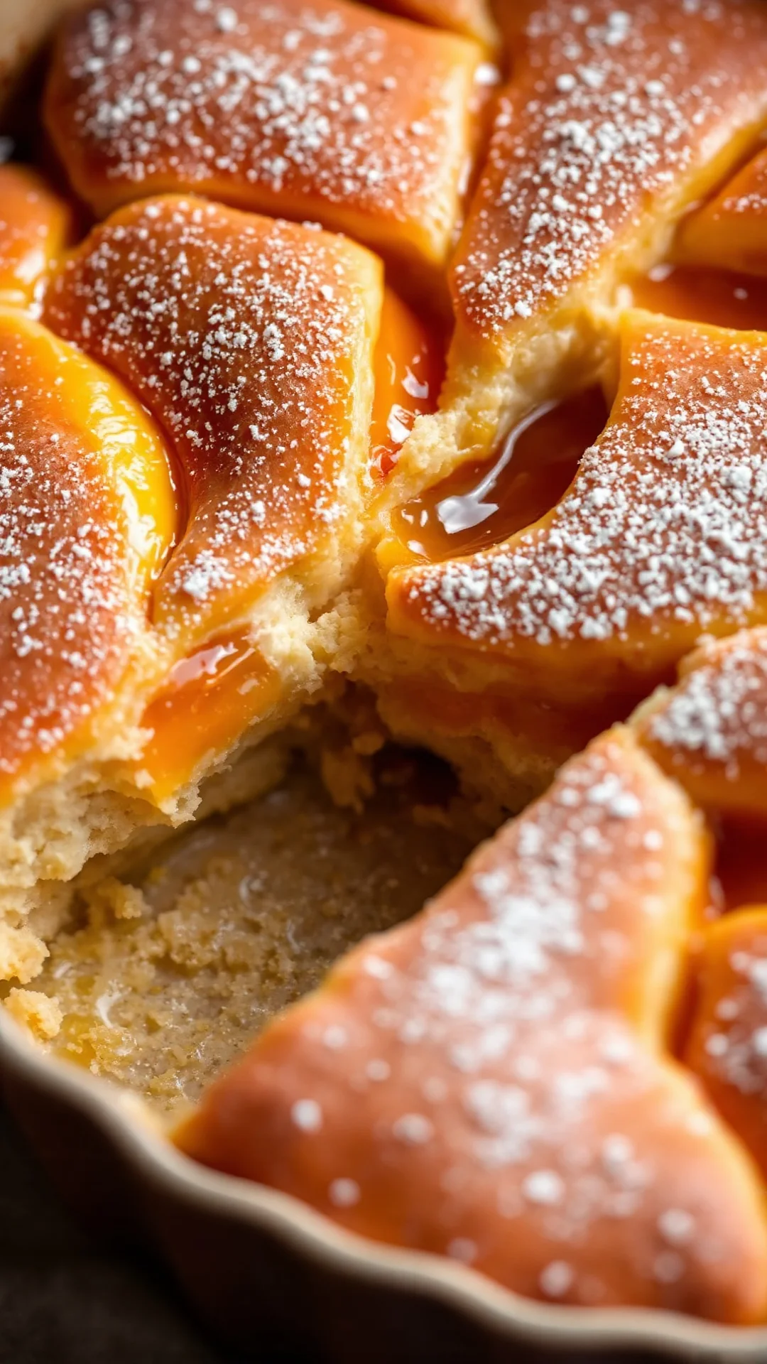 Close-up portrait of a golden apricot clafoutis fresh from the oven in a rustic ceramic dish, soft light, warm tones, powdere