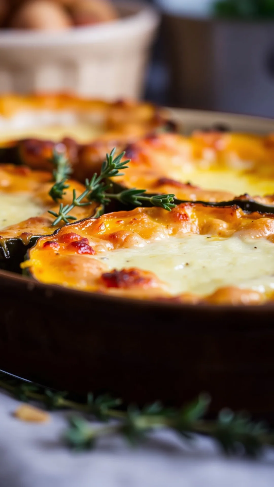 Close-up portrait of a golden bubbling potimarron squash gratin with melted gruyere cheese crust in a rustic baking dish, fre