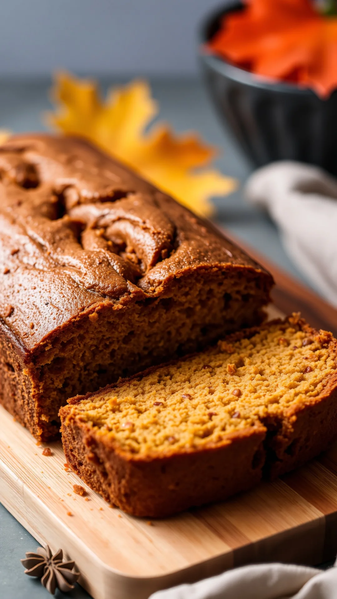 Close-up portrait of a moist sliced potimarron squash spice cake with cinnamon and nutmeg, golden crumb texture on a wooden c