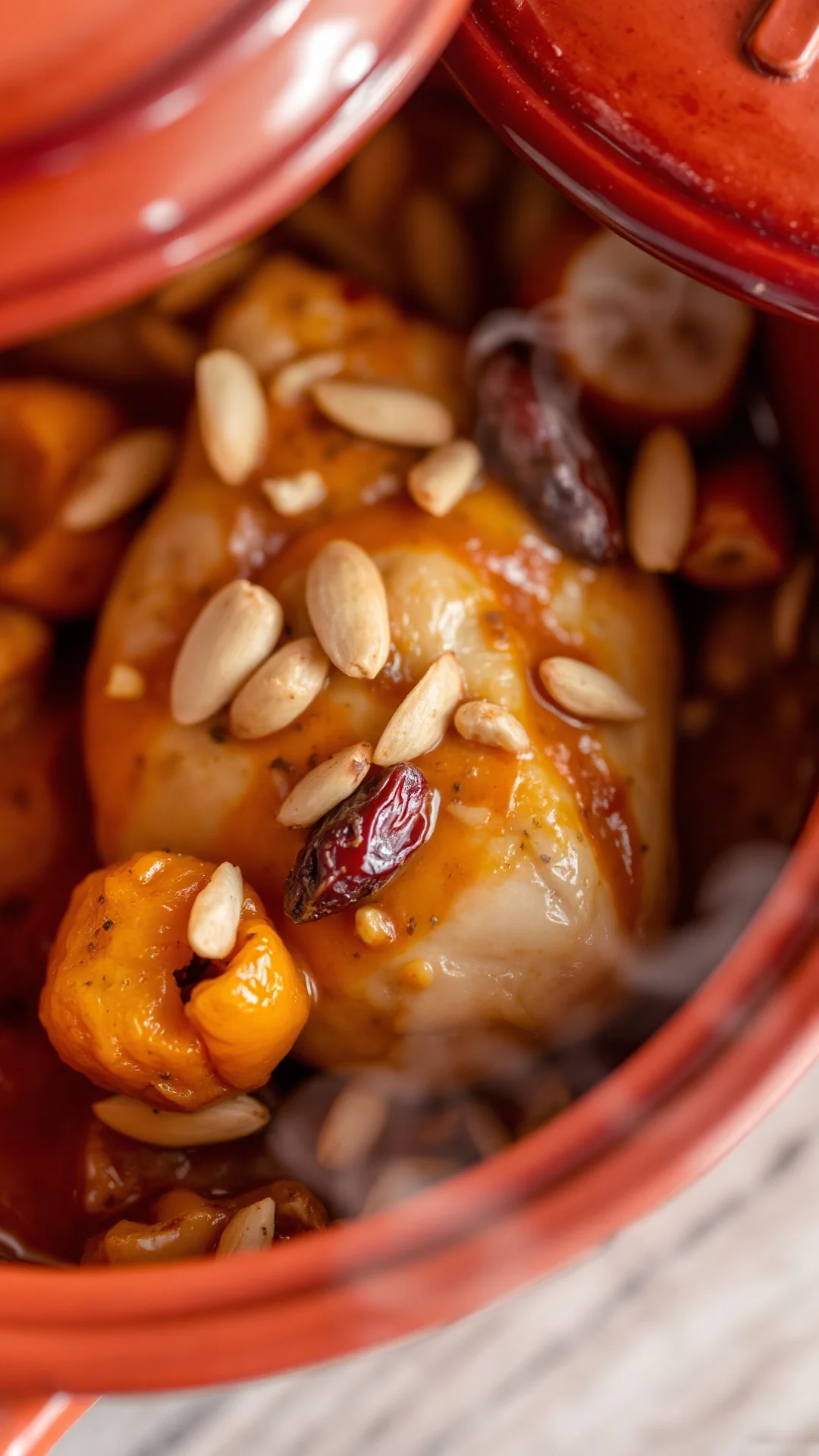 Close-up portrait of a Moroccan chicken tajine with dried apricots and toasted almonds in an earthenware pot, aromatic steam,