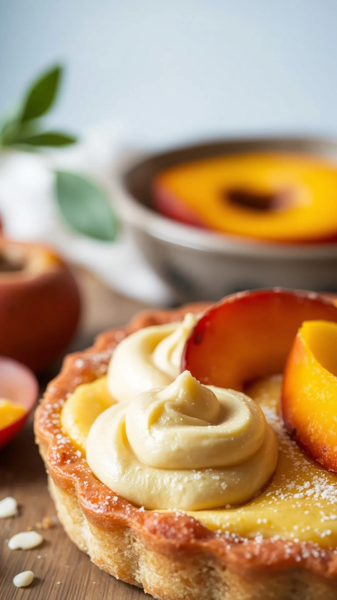 Close-up portrait of a rustic apricot frangipane tart with golden almond cream, fresh apricot halves, flaky pastry crust, sof