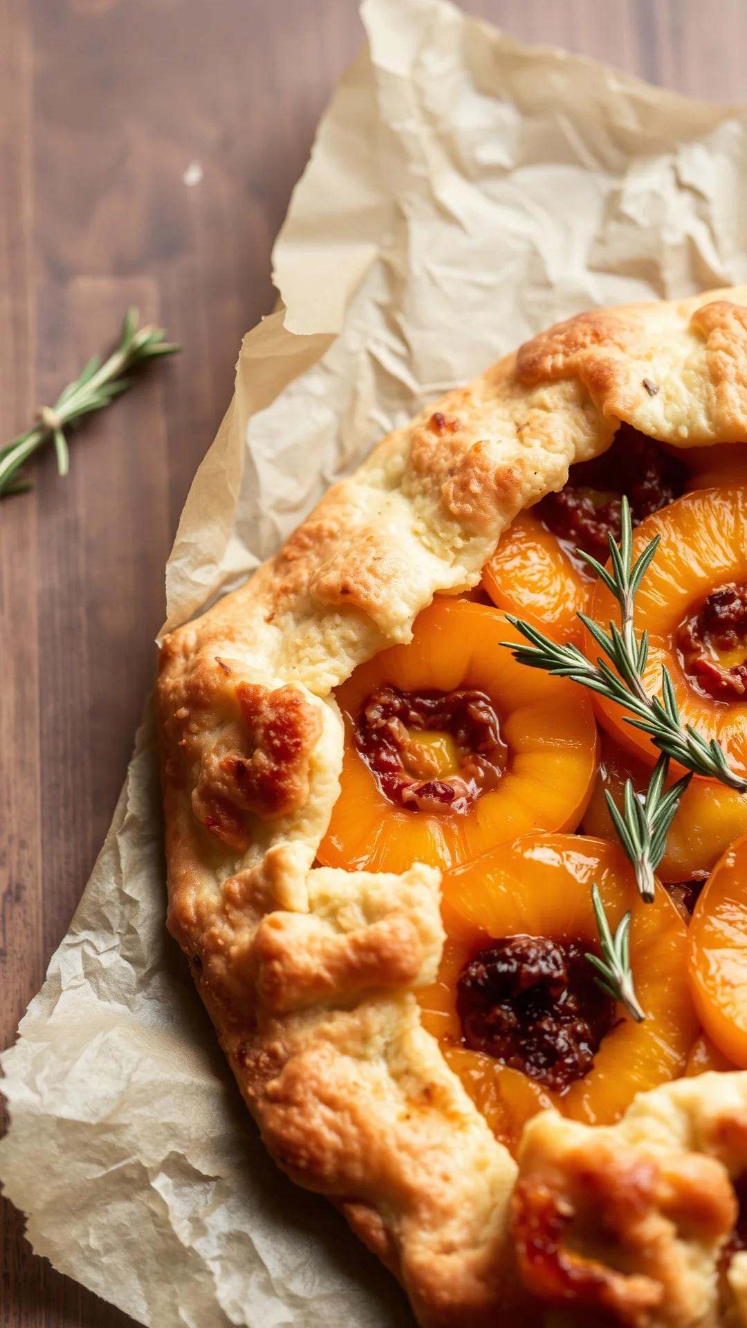Close-up portrait of a rustic apricot galette tart with rosemary sprigs on parchment paper, golden pastry crust, caramelized