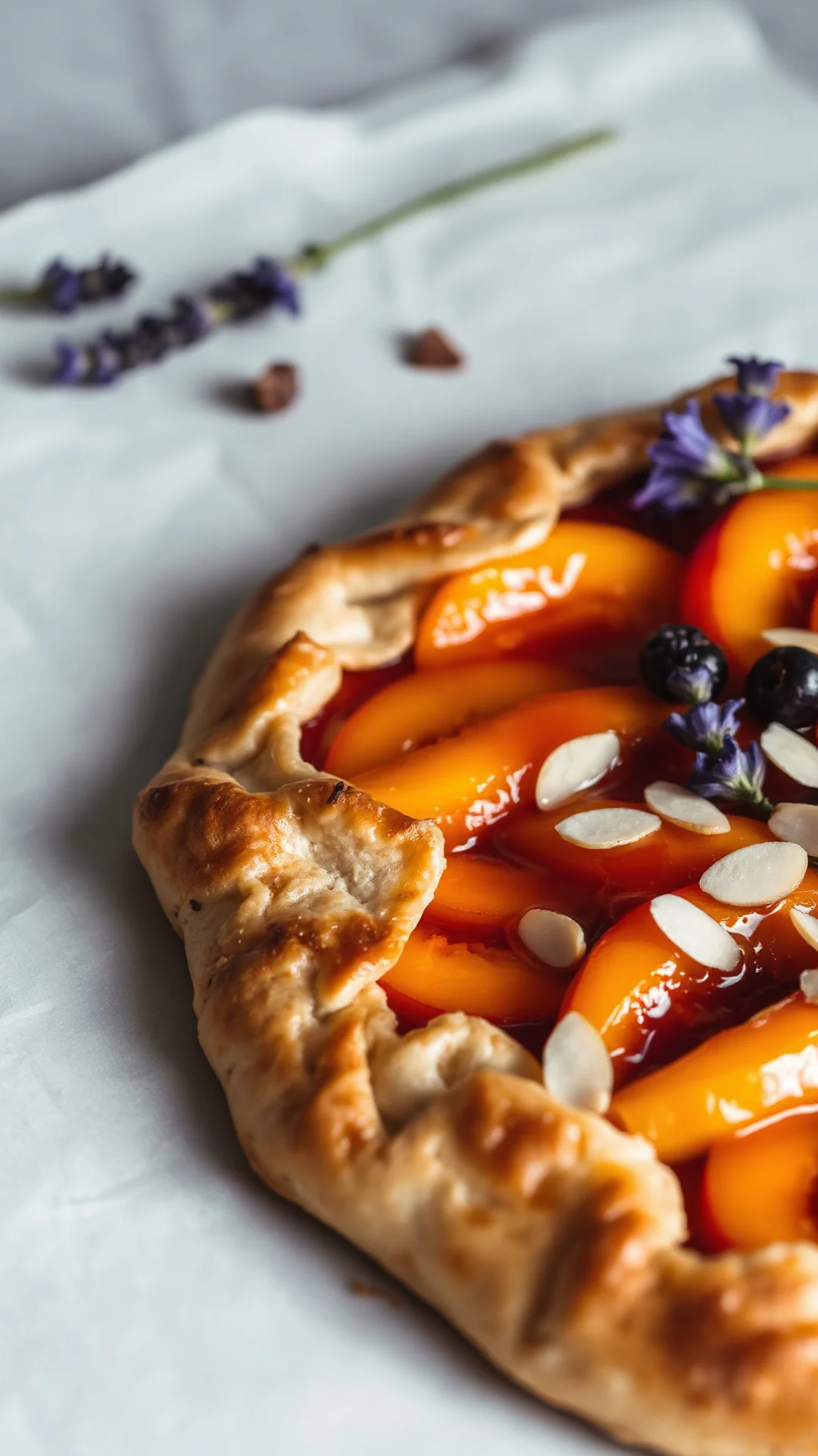 Close-up portrait of a rustic golden apricot galette tart with lavender honey and sliced almonds, fresh summer fruits, warm l