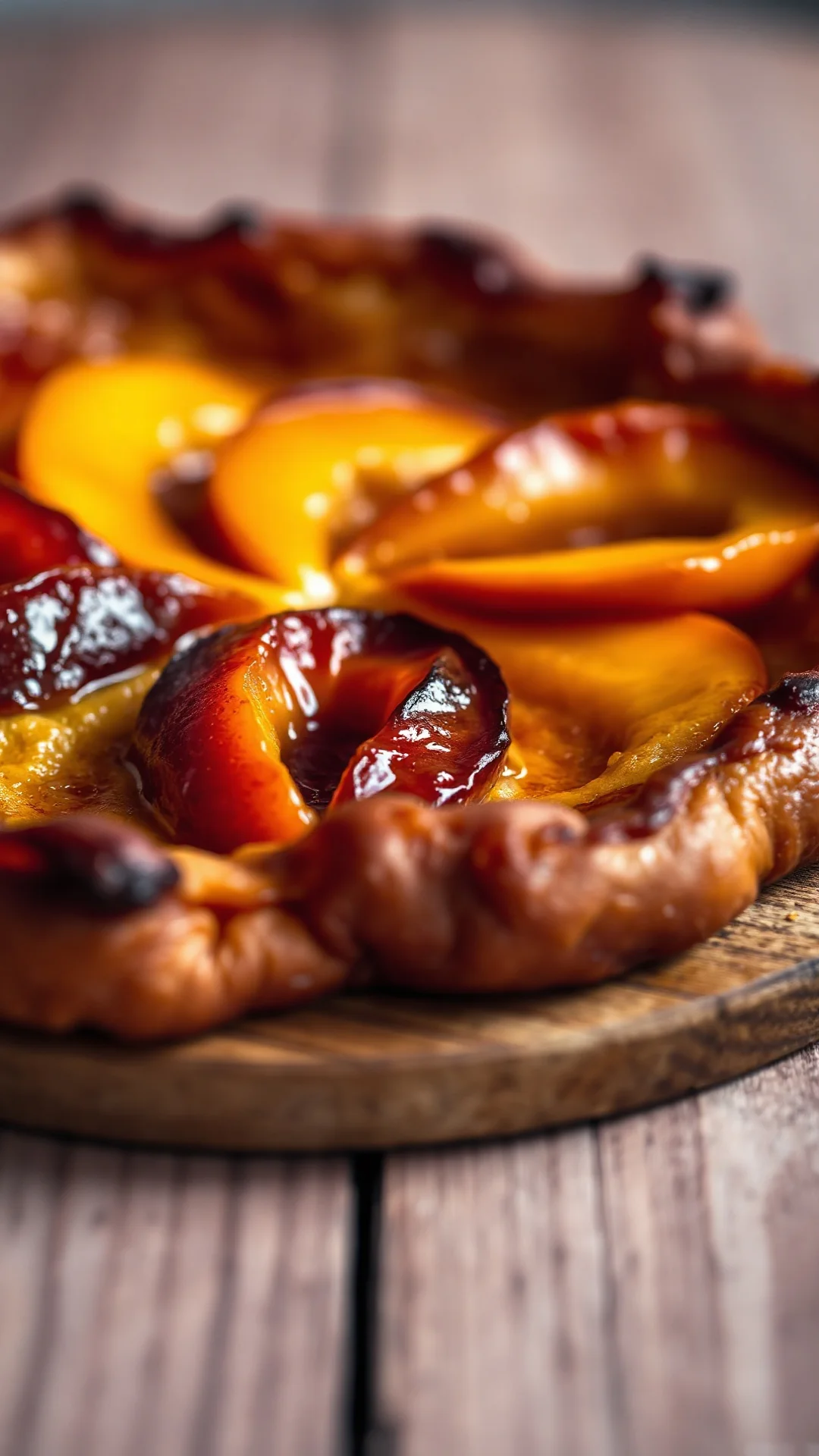 Close-up portrait of a rustic golden apricot tarte tatin freshly flipped on a wooden board, caramelized fruit glistening, war