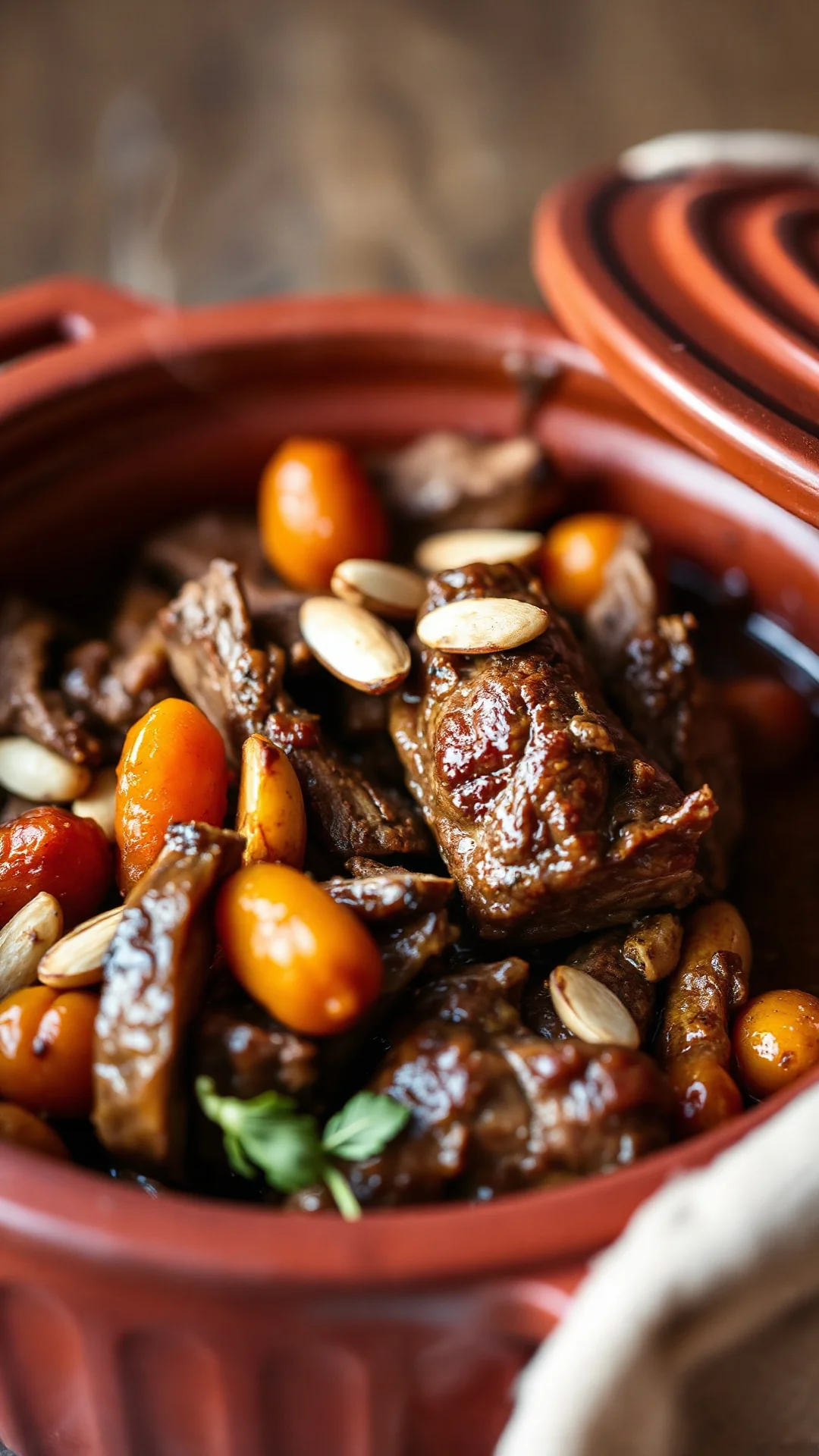 Close-up portrait of a rustic Moroccan lamb tajine with golden dried apricots and toasted almonds in a terracotta pot, warm s