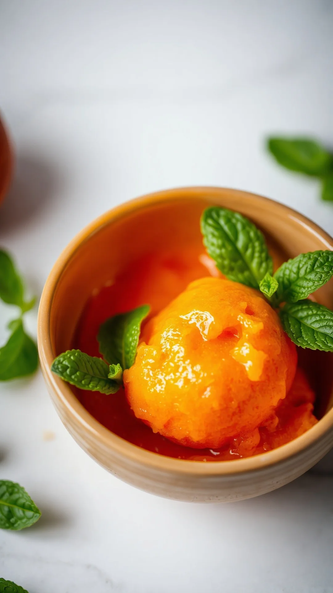 Close-up portrait of a vibrant apricot and basil sorbet scooped in a ceramic bowl with fresh mint leaves, bright orange color