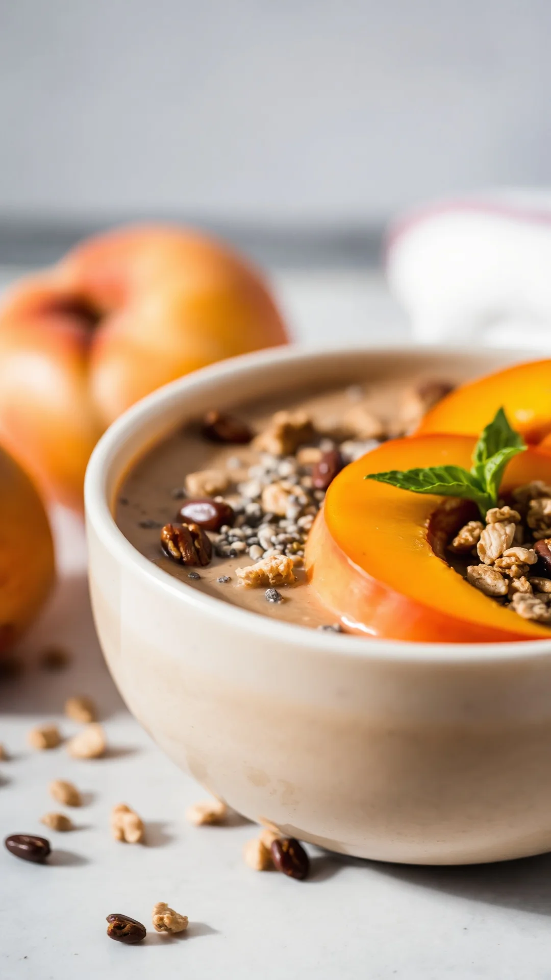 Close-up portrait of a vibrant apricot smoothie bowl topped with granola, chia seeds and sliced fresh apricots, bright summer
