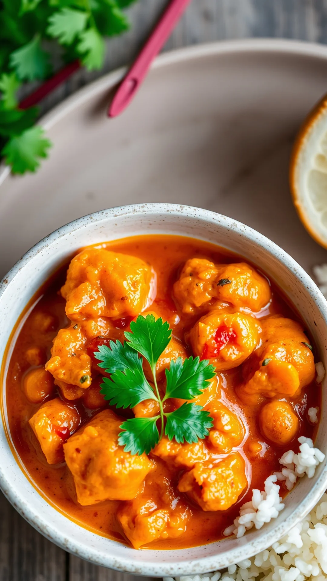 Close-up portrait of a vibrant orange potimarron squash and chickpea red curry in a deep bowl, topped with fresh coriander le