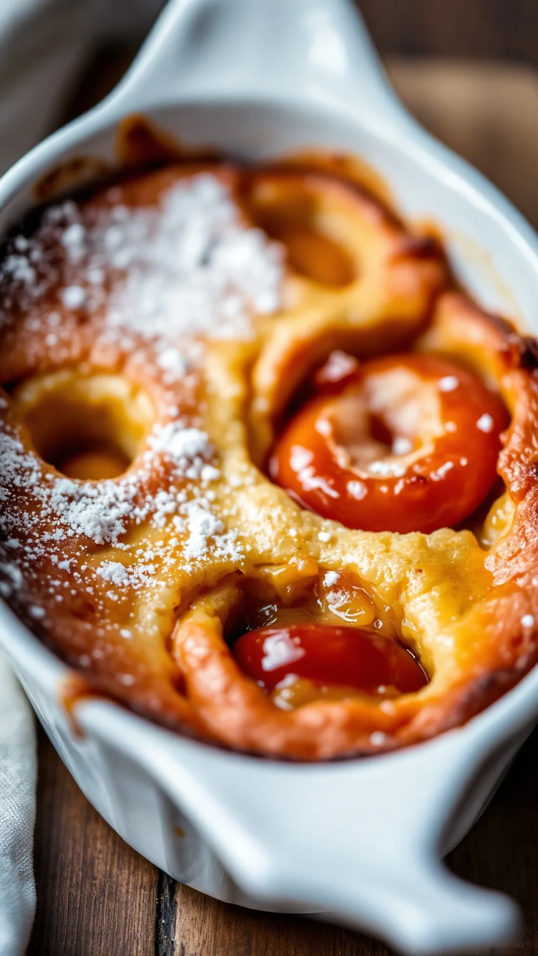 Close-up portrait of a warm apricot clafoutis in a white ceramic dish, caramelized golden top, juicy apricot pieces visible,