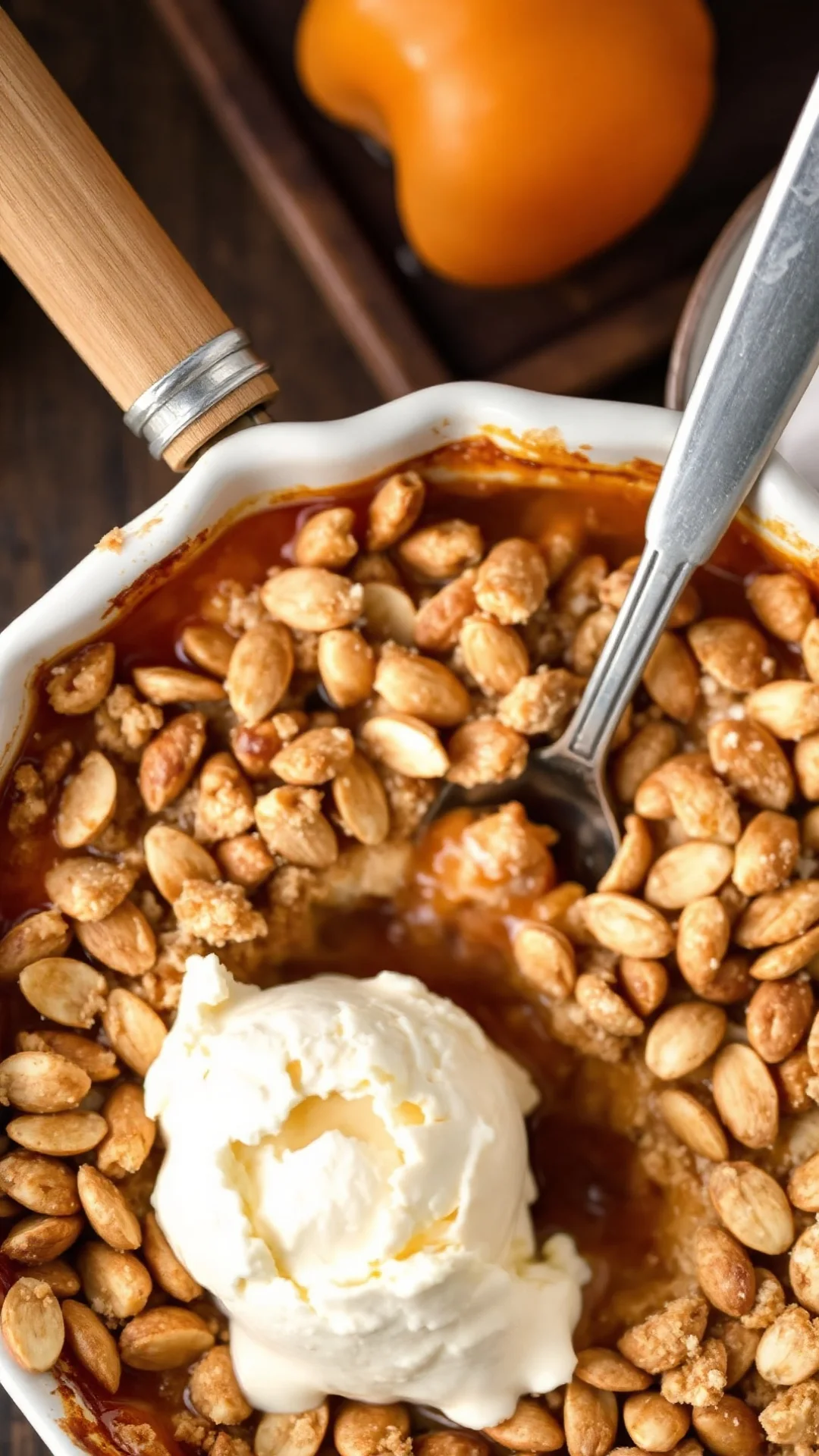Close-up portrait of apricot almond crumble in a rustic baking dish, golden crispy topping, bubbling orange apricot filling,