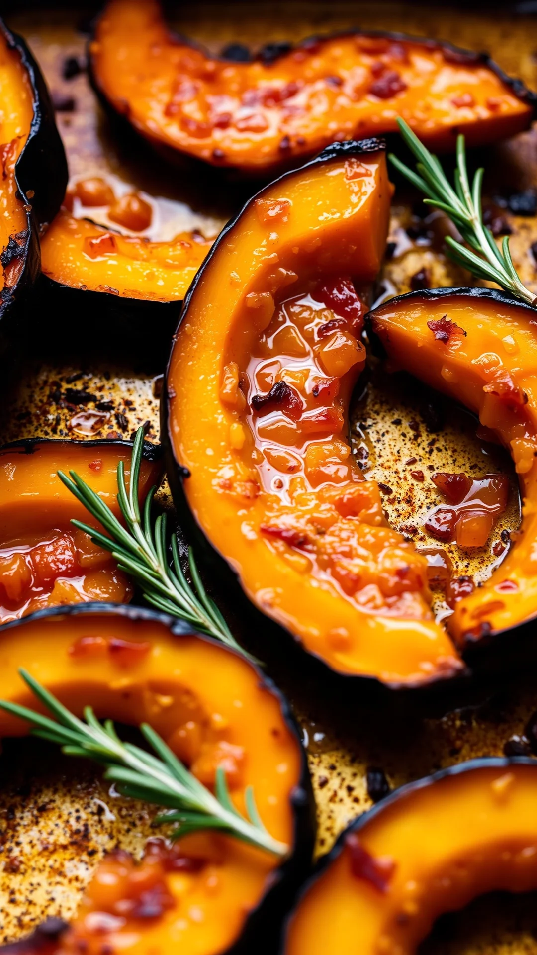 Close-up portrait of caramelized honey-roasted potimarron squash wedges on a baking sheet, golden glazed surface with fresh r